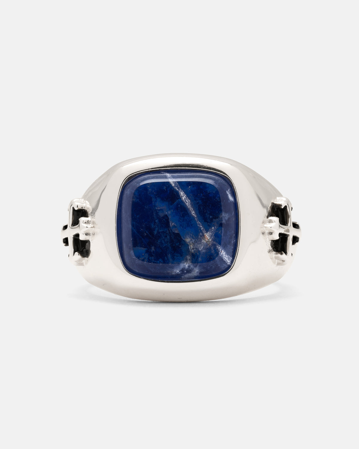 Statement Collective 925 Sterling Silver Sodalite Stone Ring featuring a rectangular sodalite stone with a cross design on each side of the band.