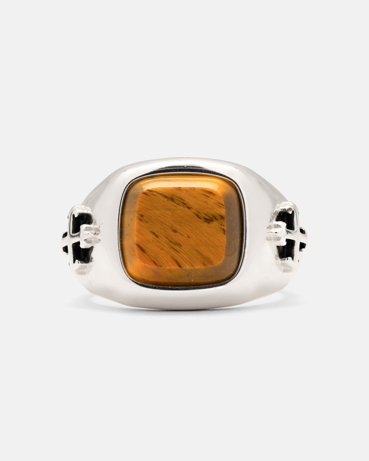 925 Sterling Silver Tigers Eye Stone Ring in sterling silver featuring a square tiger’s eye stone and tattoo-inspired cross detailing on the sides.