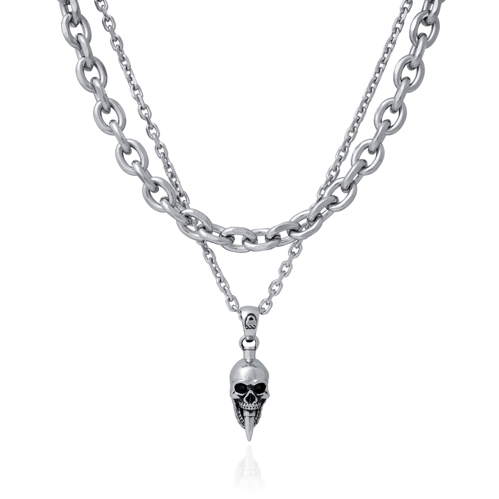 silver necklace set with cable chains and skull jewelry by statement collective