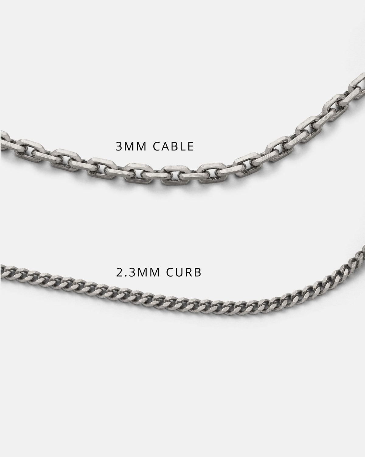Two silver chains on a white background. The top is labeled 3mm Cable with oval links, while the bottom is labeled 2.3mm Curb with tightly interlocked flat links—ideal foundations for showcasing the Statement Collective 925 Sterling Silver Cross & Dagger Necklace or highlighting your favorite sterling silver pendant.