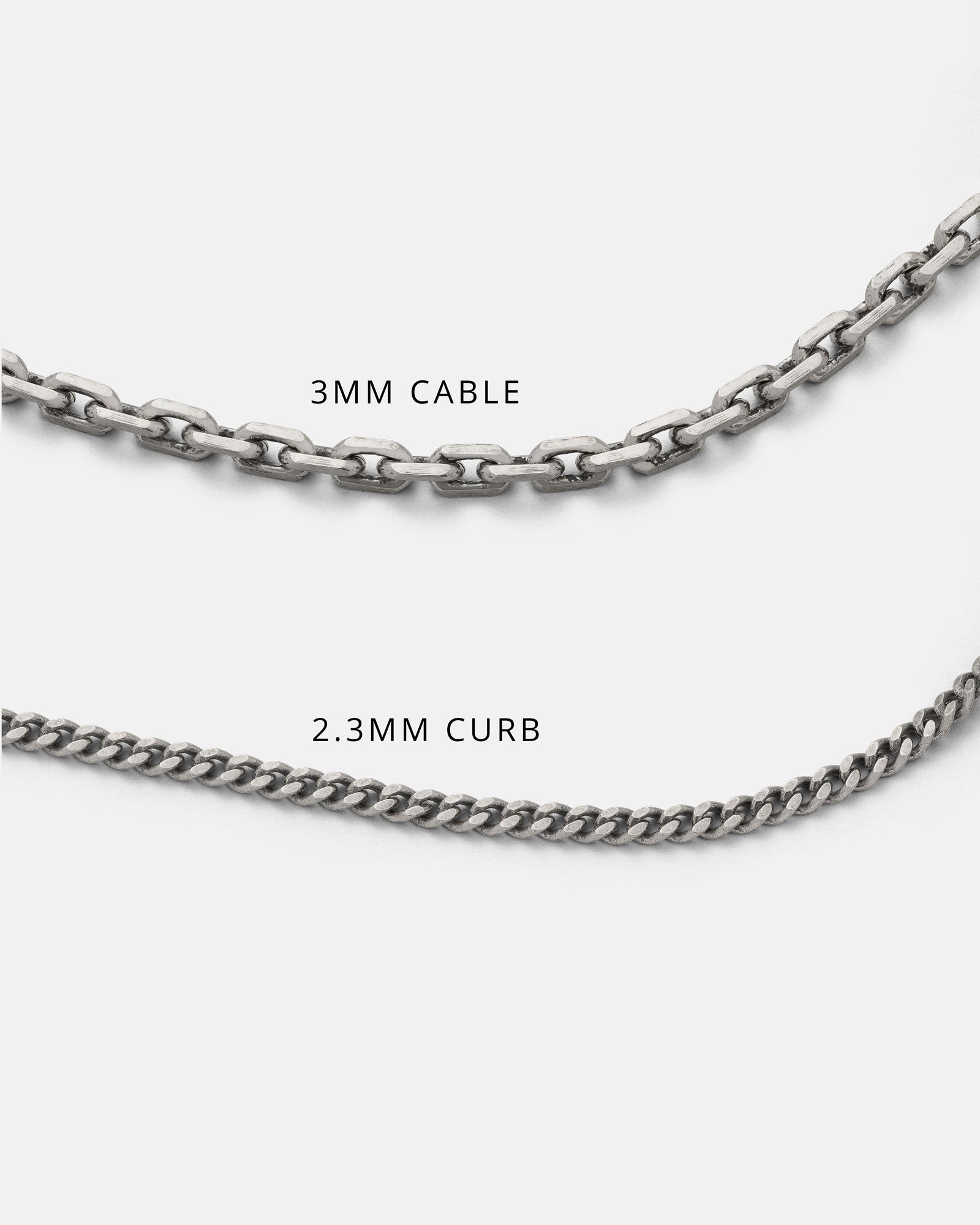 Two sterling silver chains labeled '3mm Cable' and '2.3mm Curb' on a white background.