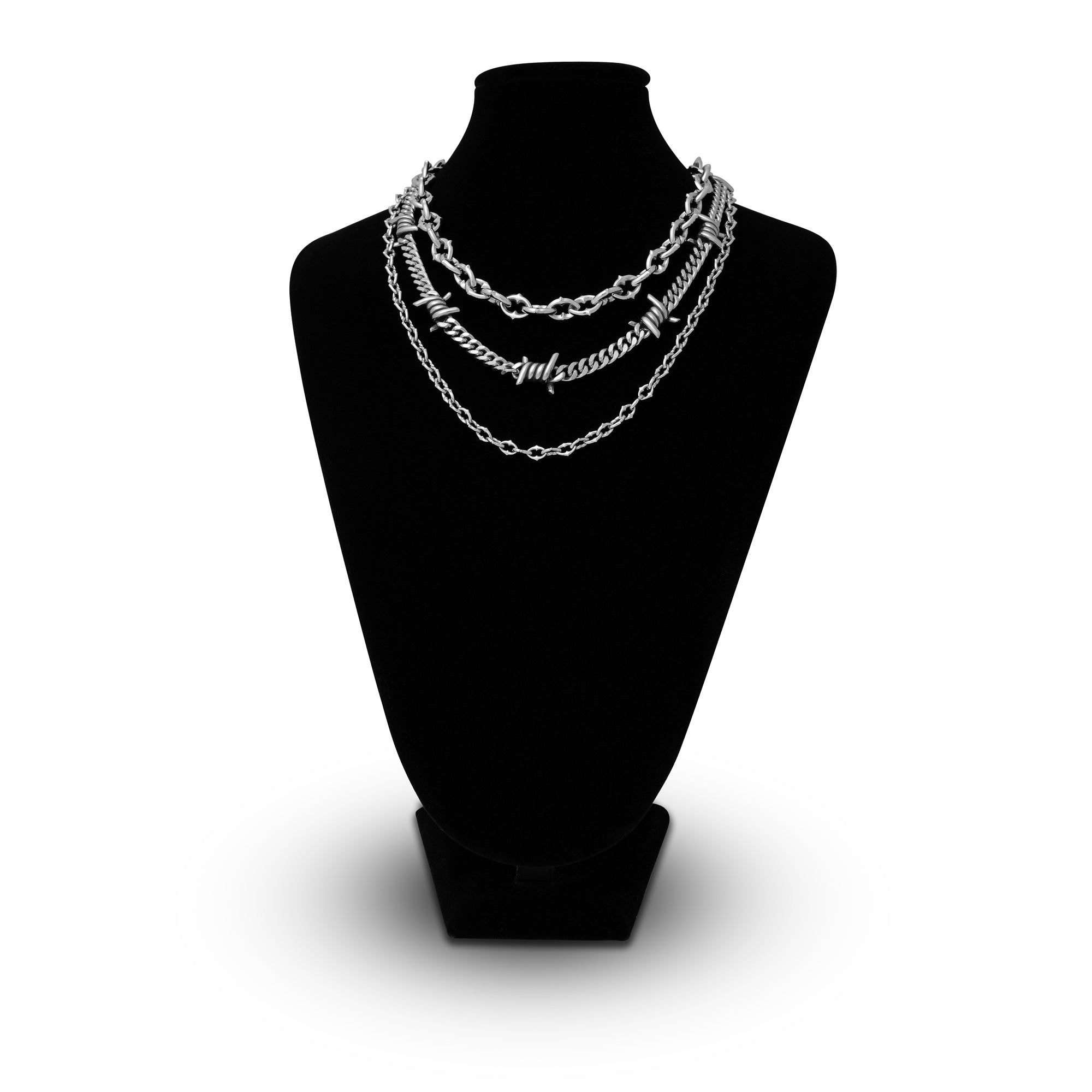 Gothic silver chain set with spiked and barbed wire jewelry by statement collective 