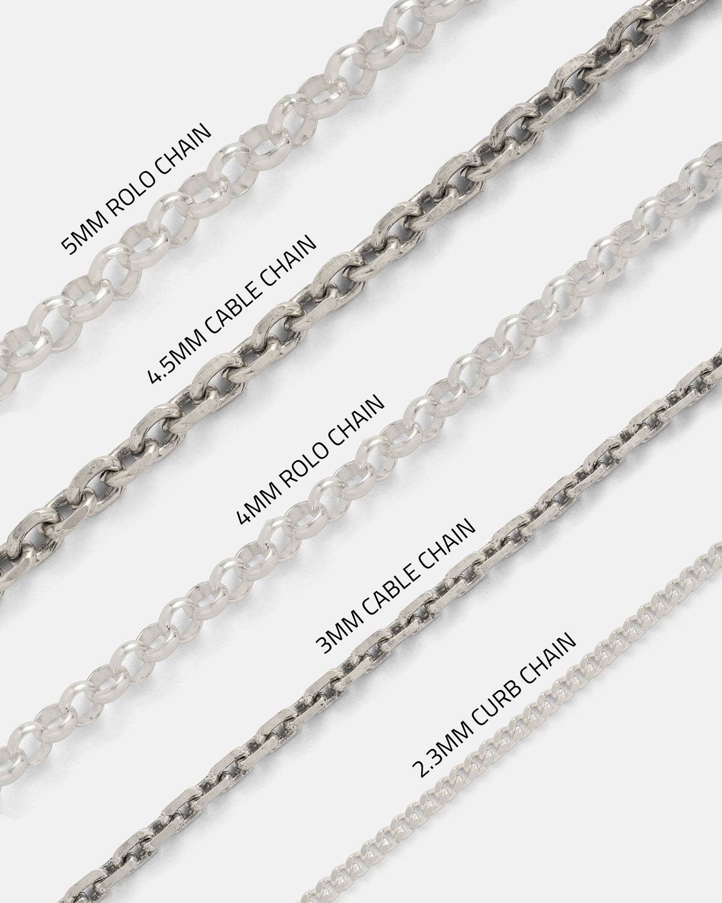 Five sterling silver jewelry chains in varying styles and thicknesses—5mm rolo chain, 4.5mm cable chain, 4mm rolo chain, 3mm cable chain, and 2.3mm curb chain—are displayed diagonally as perfect foundations for your favorite Statement Collective piece like the 925 Sterling Silver Mini “The Ruins” Chained Cross Pendant.