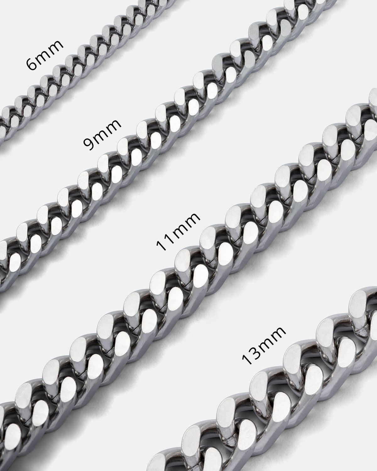 The 11mm Cuban Chain by Statement Collective is shown alongside other silver cuban link bracelets of different widths, each displayed diagonally on a white background—ideal for making a bold punk style statement.