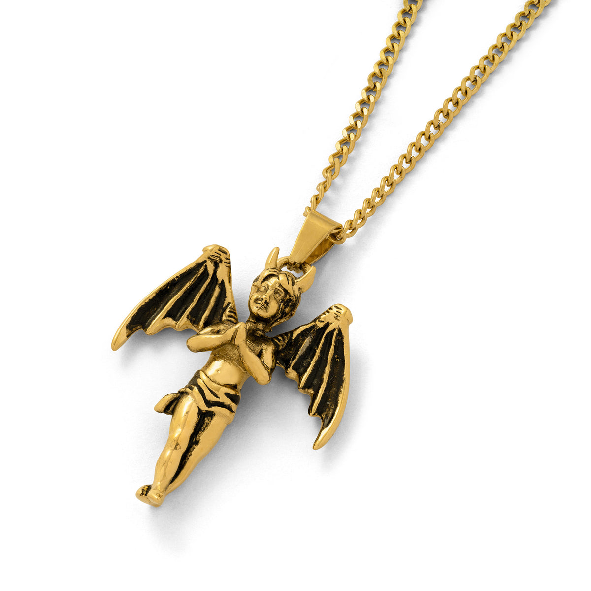 Gold jewellery charm demon on necklace