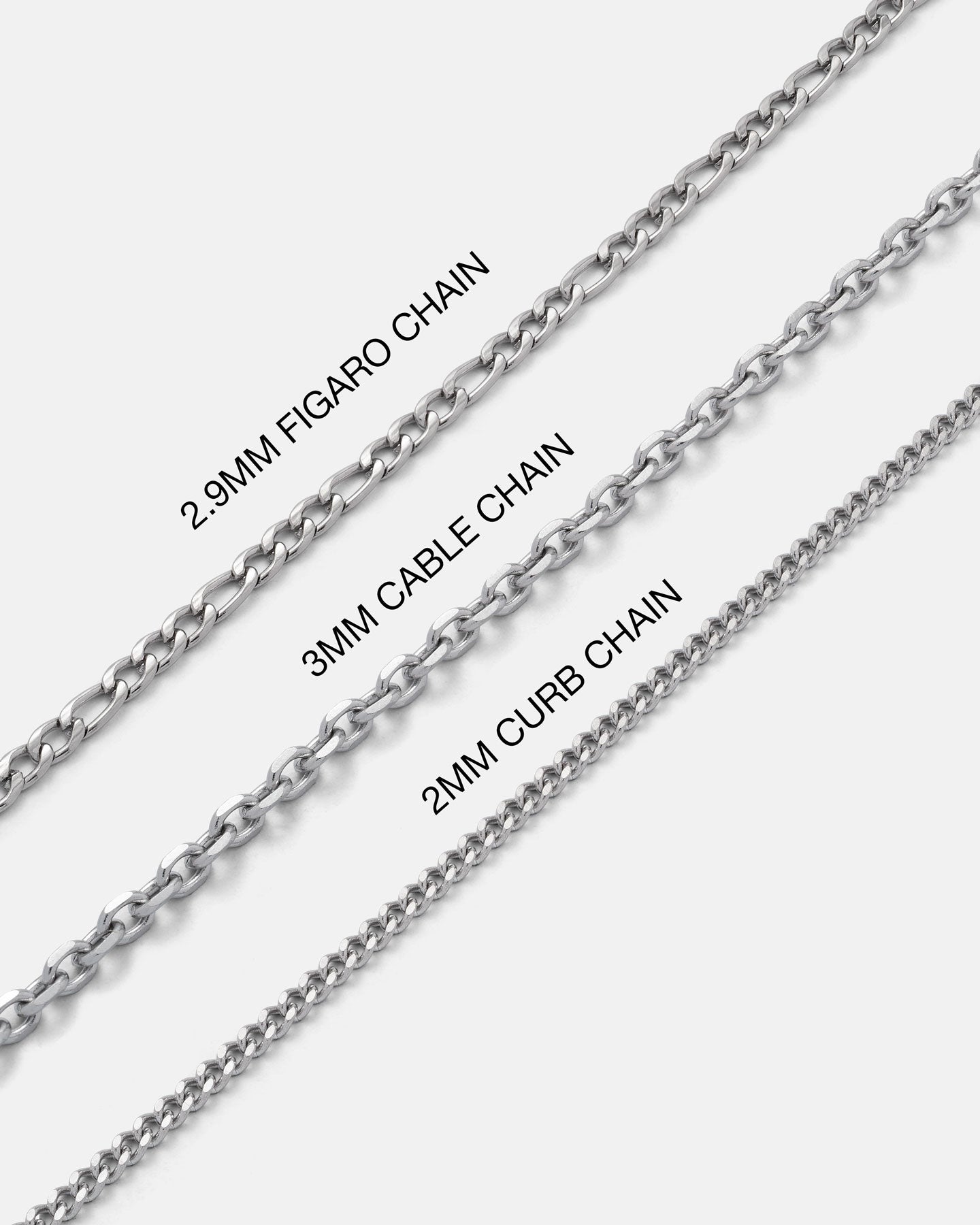 Three types of chain necklaces labeled '2.9MM FIGARO CHAIN', '3MM CABLE CHAIN', and '2MM CURB CHAIN' on a white background.