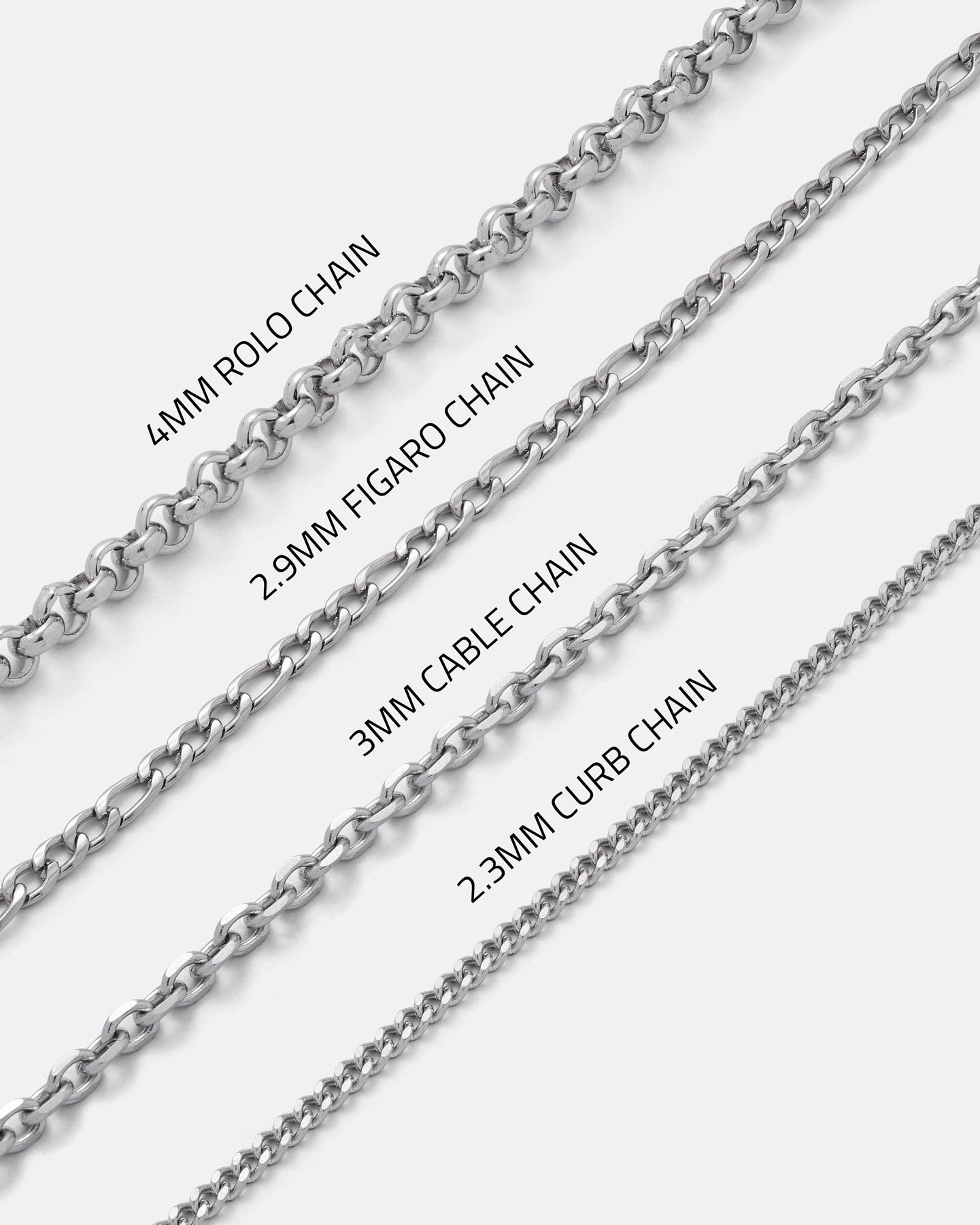 Four silver chains labeled: 4mm rolo chain, 2.9mm figaro chain, 3mm cable chain, and 2.3mm curb chain—perfect for pairing with the “Big Iron” Pendant by STATEMENT—each shown horizontally on a white background.