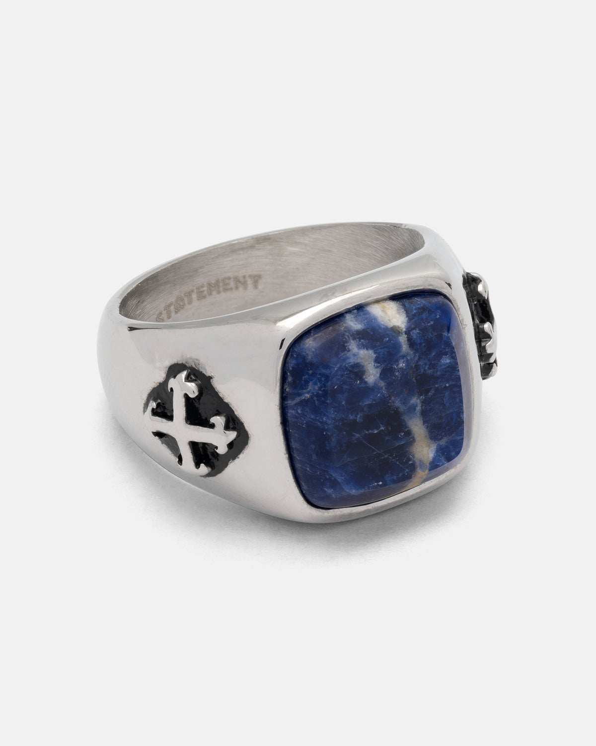 Statement Collective Sodalite Stone Ring in stainless steel featuring a rectangular sodalite stone and a cross emblem on the side.