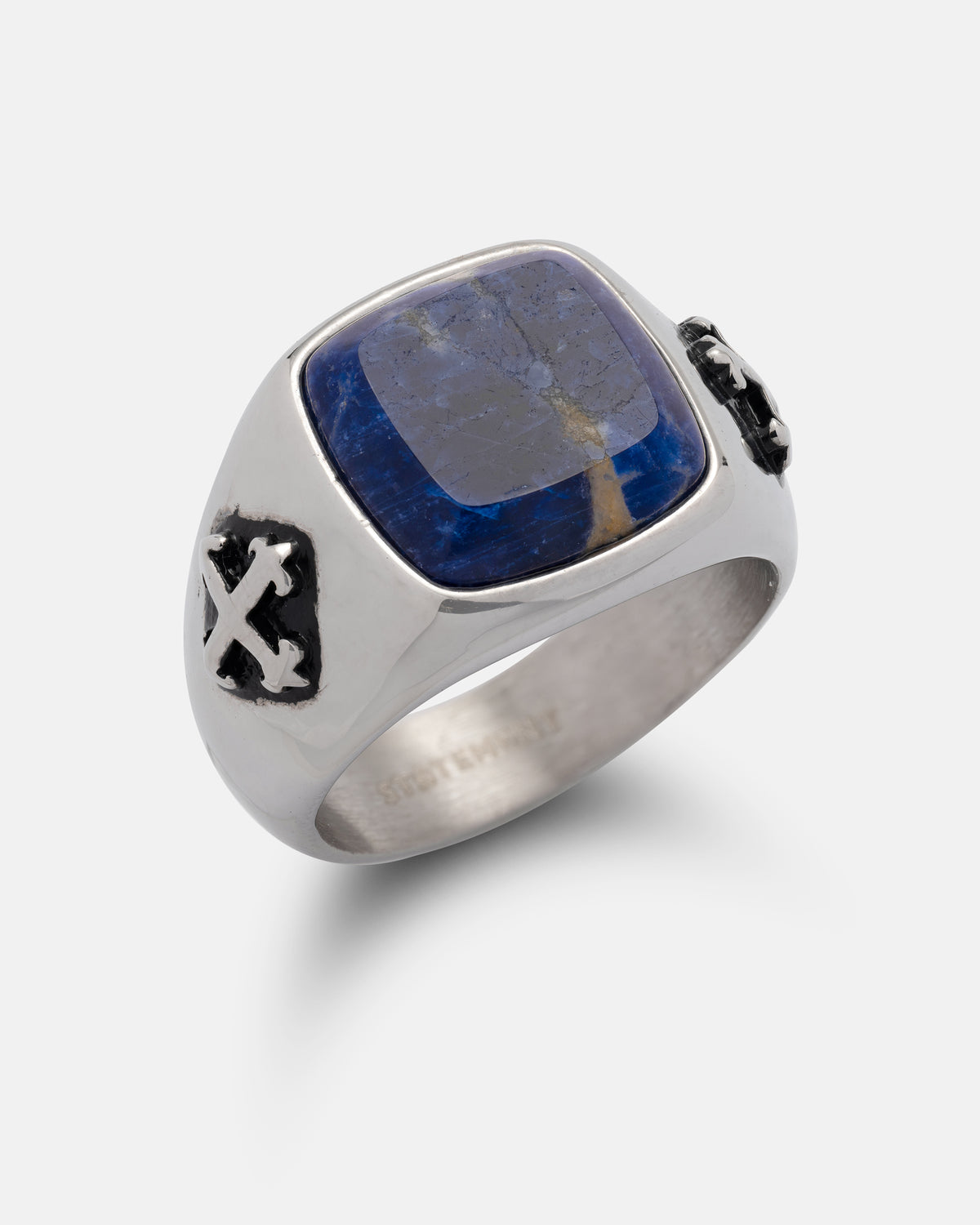 Statement Collective Sodalite Stone Ring in silver stainless steel, featuring a square natural sodalite gemstone and a black cross emblem on each side.