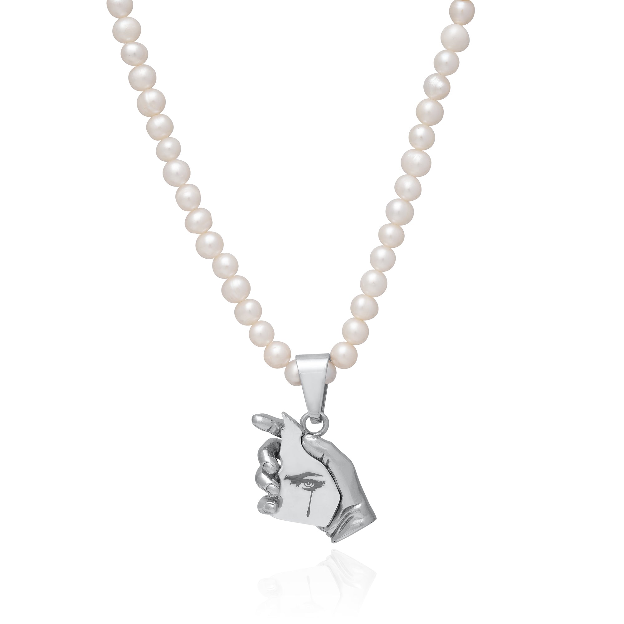 silver hand pendant with pearl chain by statement