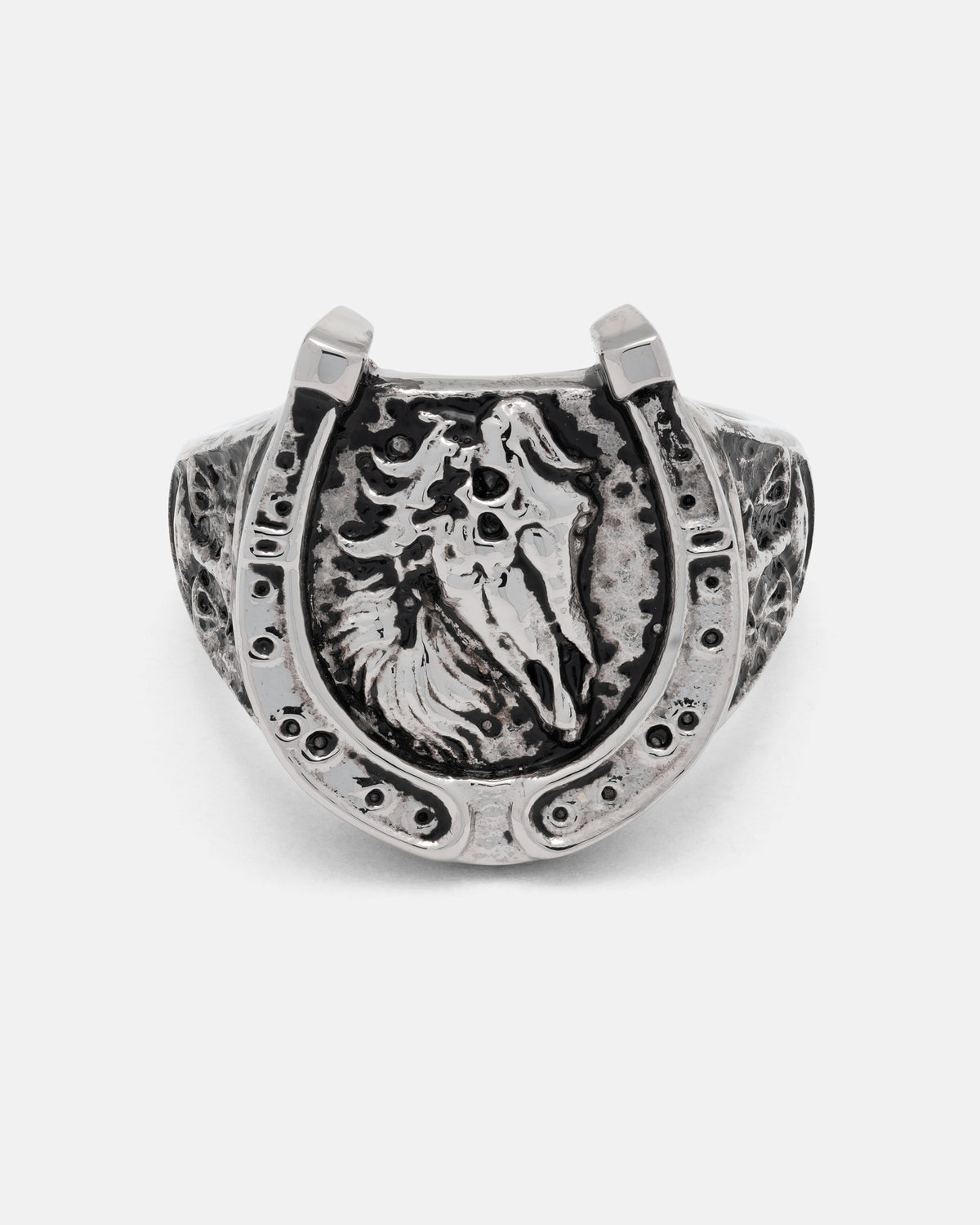 Bronco Ring: A silver western horseshoe ring featuring a horse head relief centered within the design.