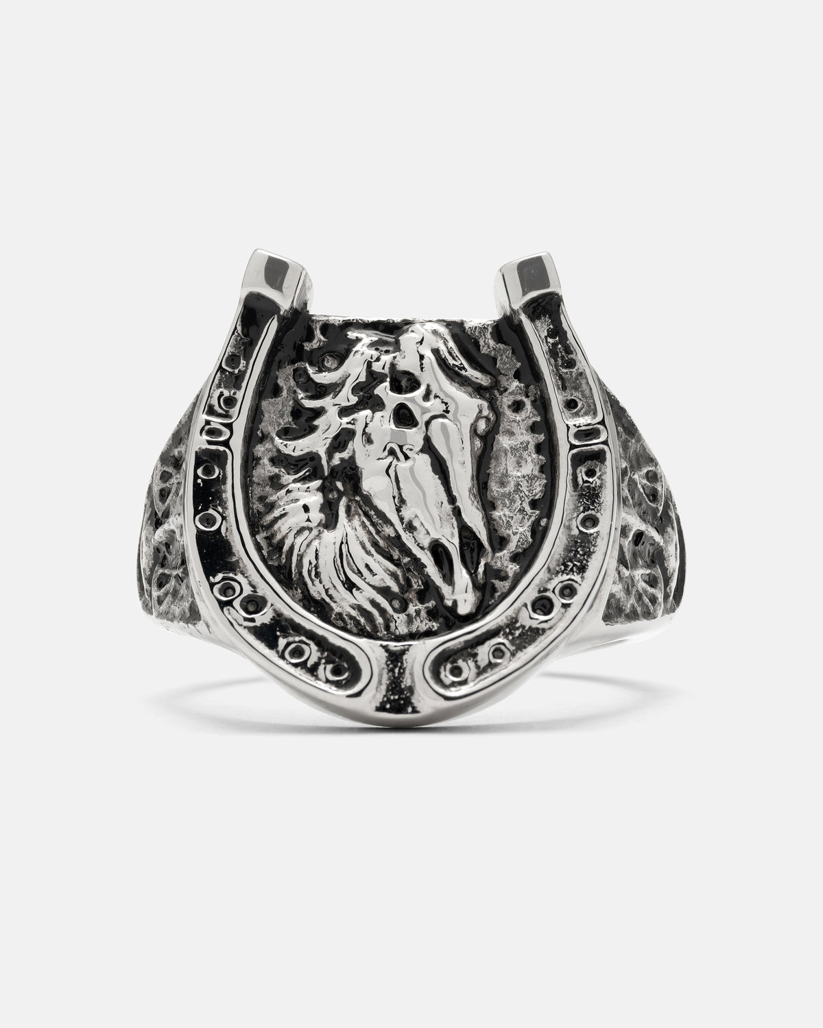 Silver Bronco Ring featuring a horseshoe frame surrounding a detailed horse head in profile.
