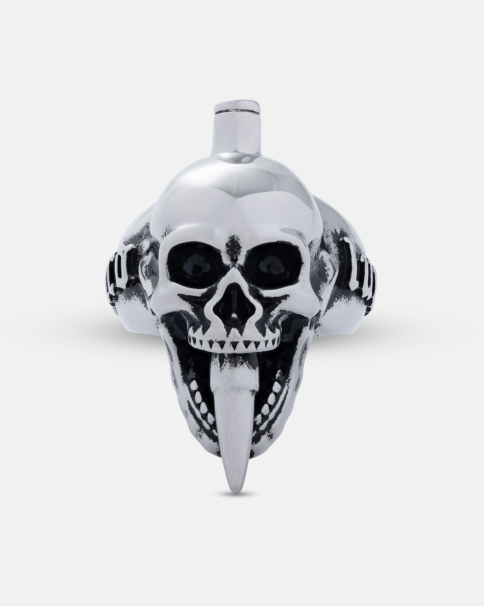 The "Bite The Bullet" Ring is a stainless steel band with a metallic skull design, black accents, and a polished, shiny finish. Its intricate details feature a fang-like blade extending from the open mouth, ideal for edgy rock style.