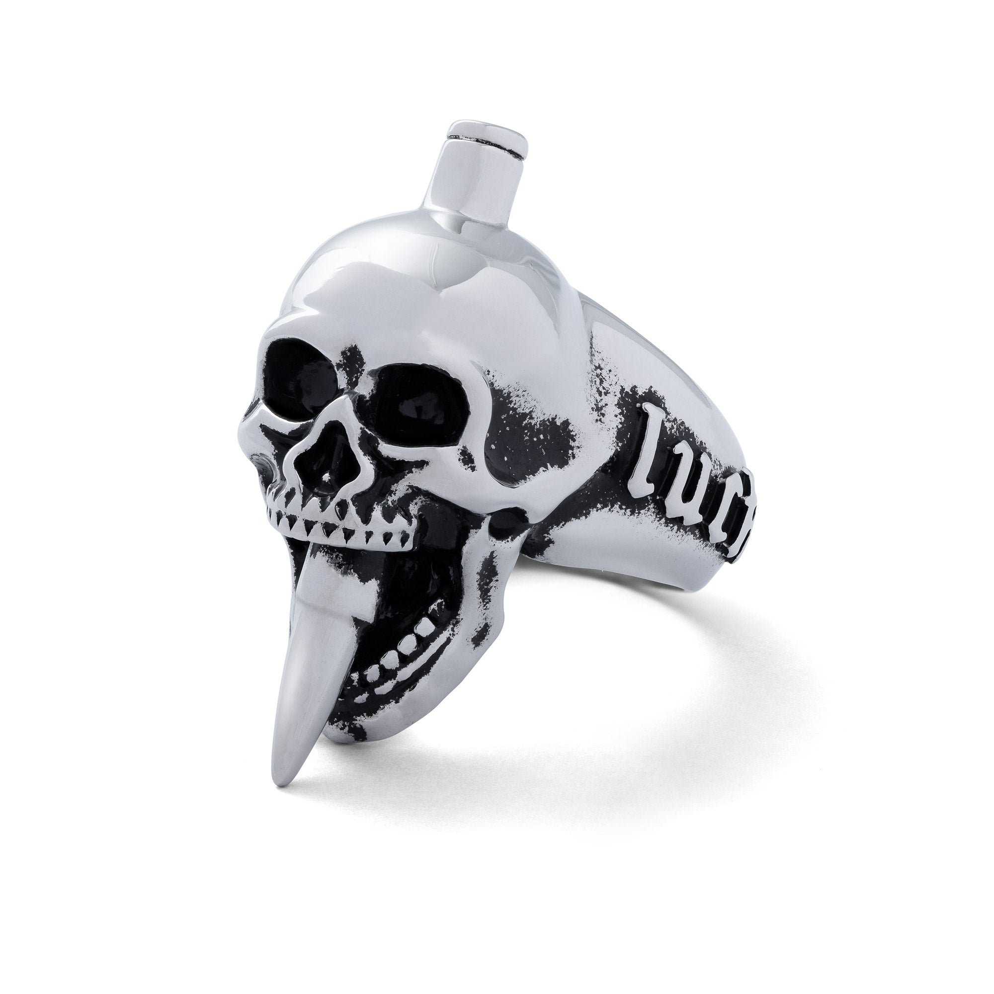 biker skull ring with bullet through mouth on white background by statement collective