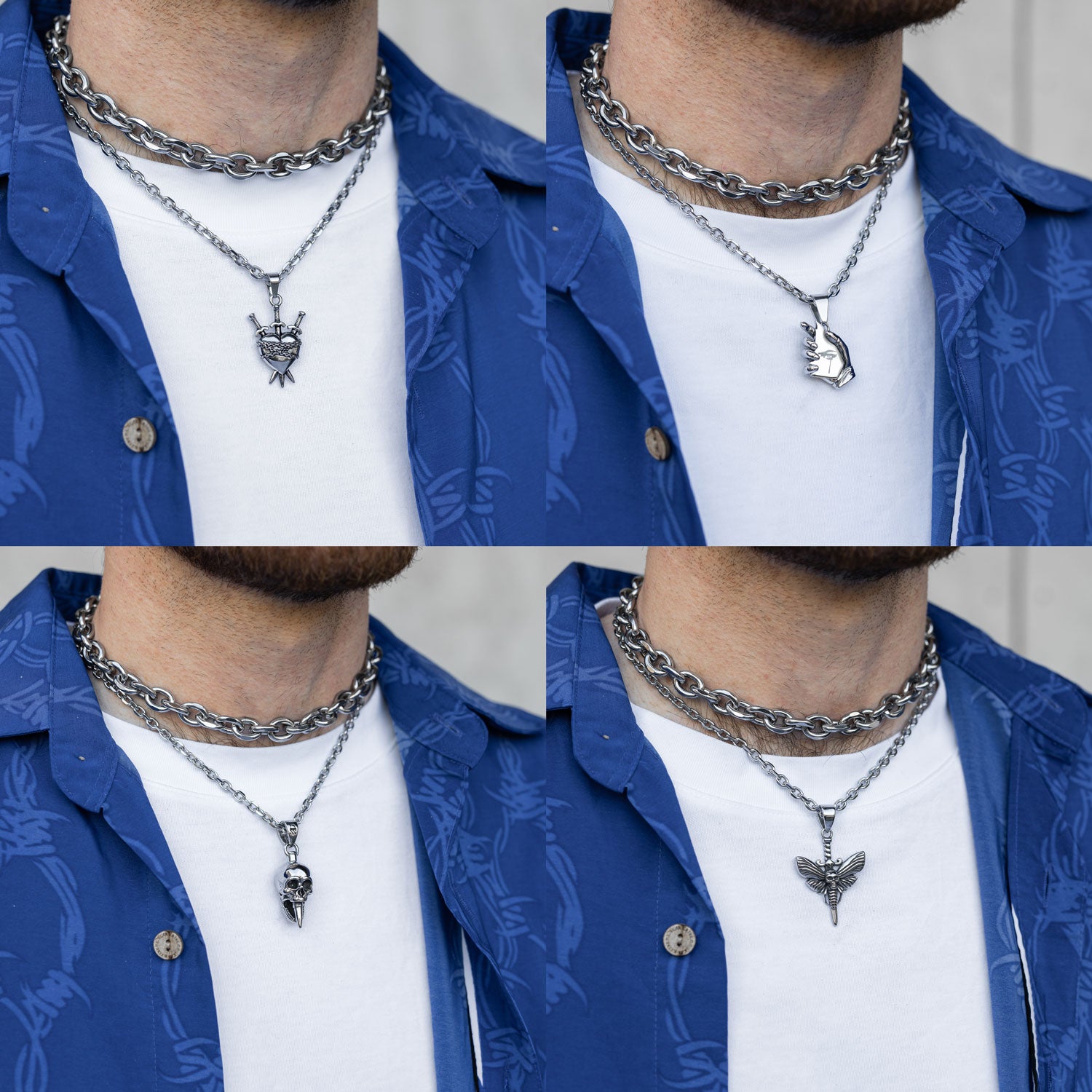 silver necklace set with cable chains and skull jewelry with choice of pendant on model by statement collective