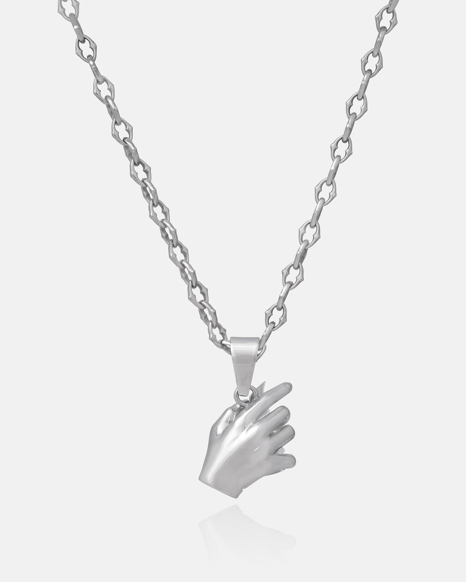 The Cathedral" 6mm Spiked Chain features a gothic silver design with your choice of pendant, shown here with a small hand charm against a plain white background.