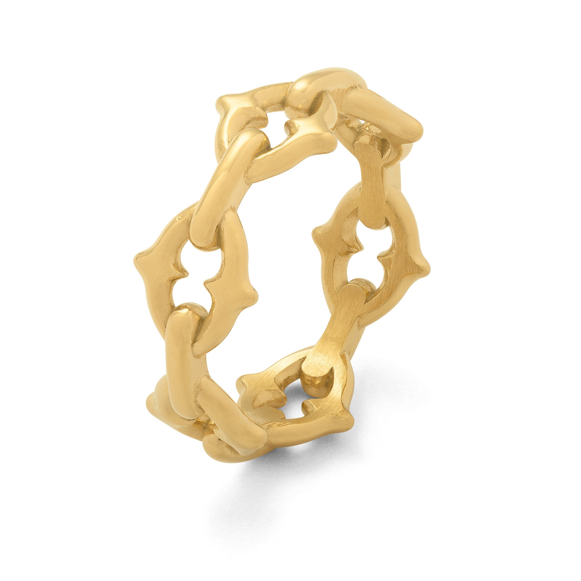 Gothic spiked chain link ring in 18k gold on white background by statement collective
