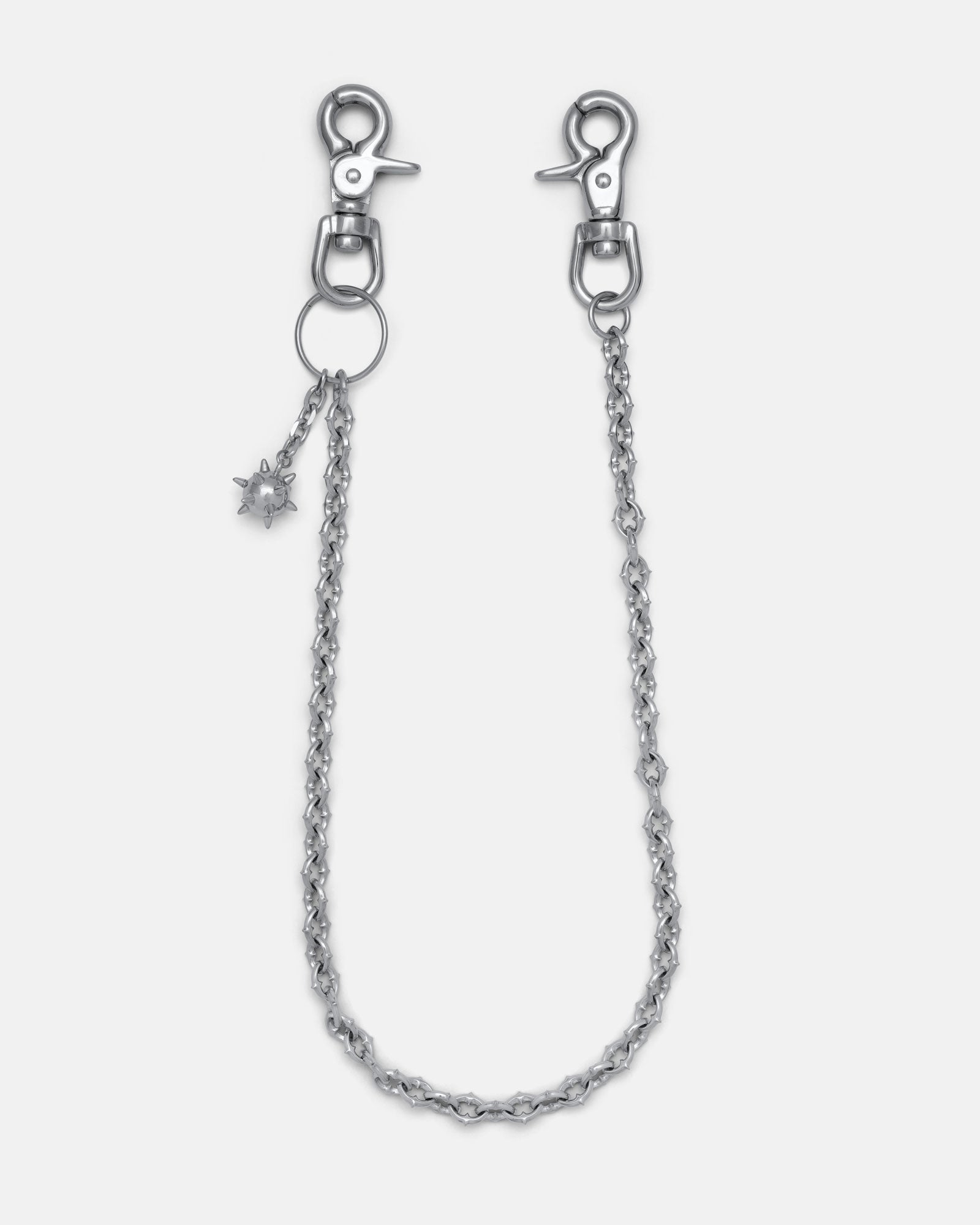 Introducing "The Cathedral" 9mm Spiked Wallet Chain—a premium stainless steel accessory with clasps at both ends and bold, textured silver links that stand out against the plain white background.
