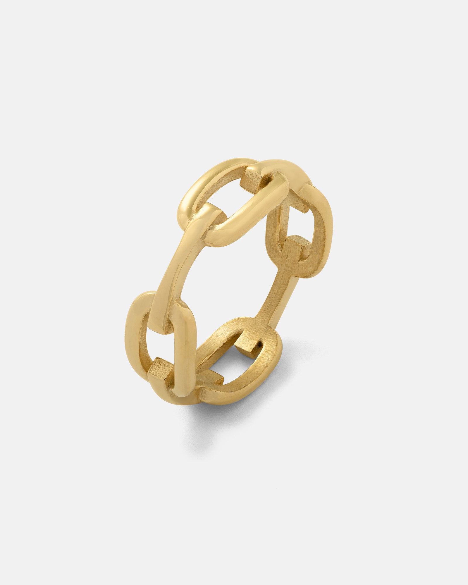 The Chained Ring (Gold) features interlocking links and is crafted in 18K gold plating, shown on a plain light gray background.