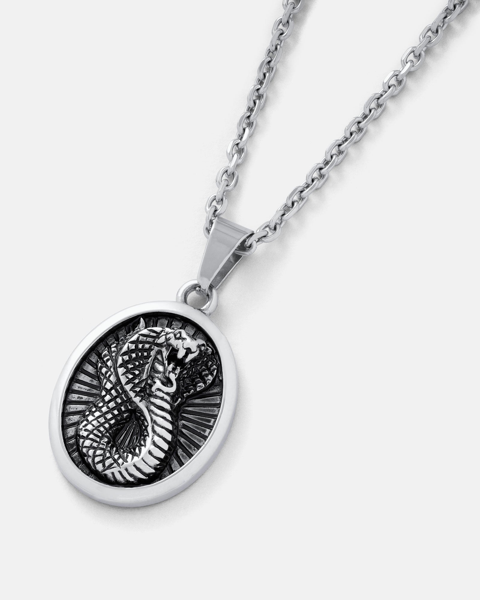 The Snake Charmer Pendant is a silver necklace with an oval stainless steel pendant showcasing a raised coiled snake design on a textured background, displayed on a plain light surface.