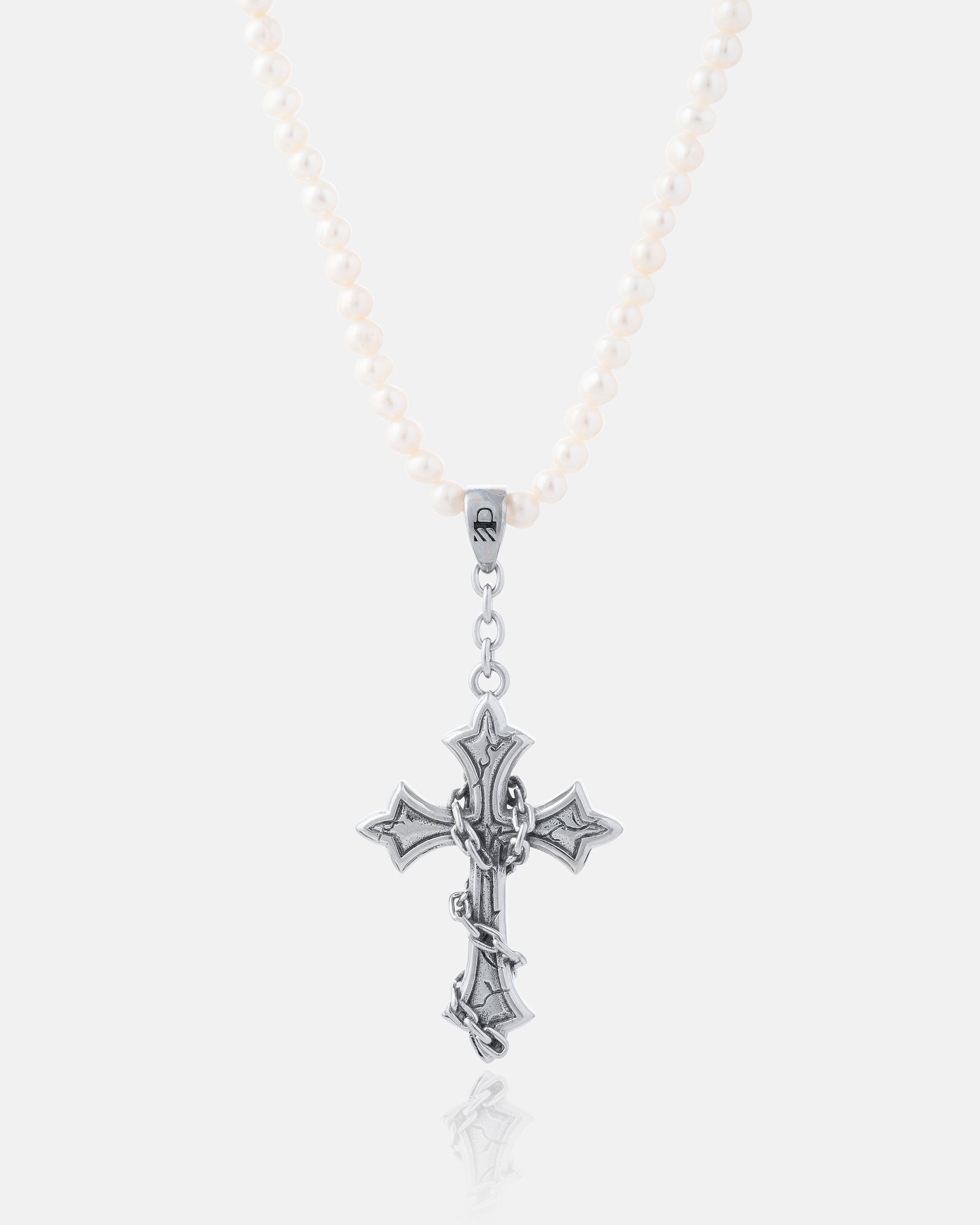 The Freshwater Pearl Necklace With Custom Pendant Choice showcases white waterproof pearls and a large, ornate silver cross with gothic details, set against a plain light gray background.