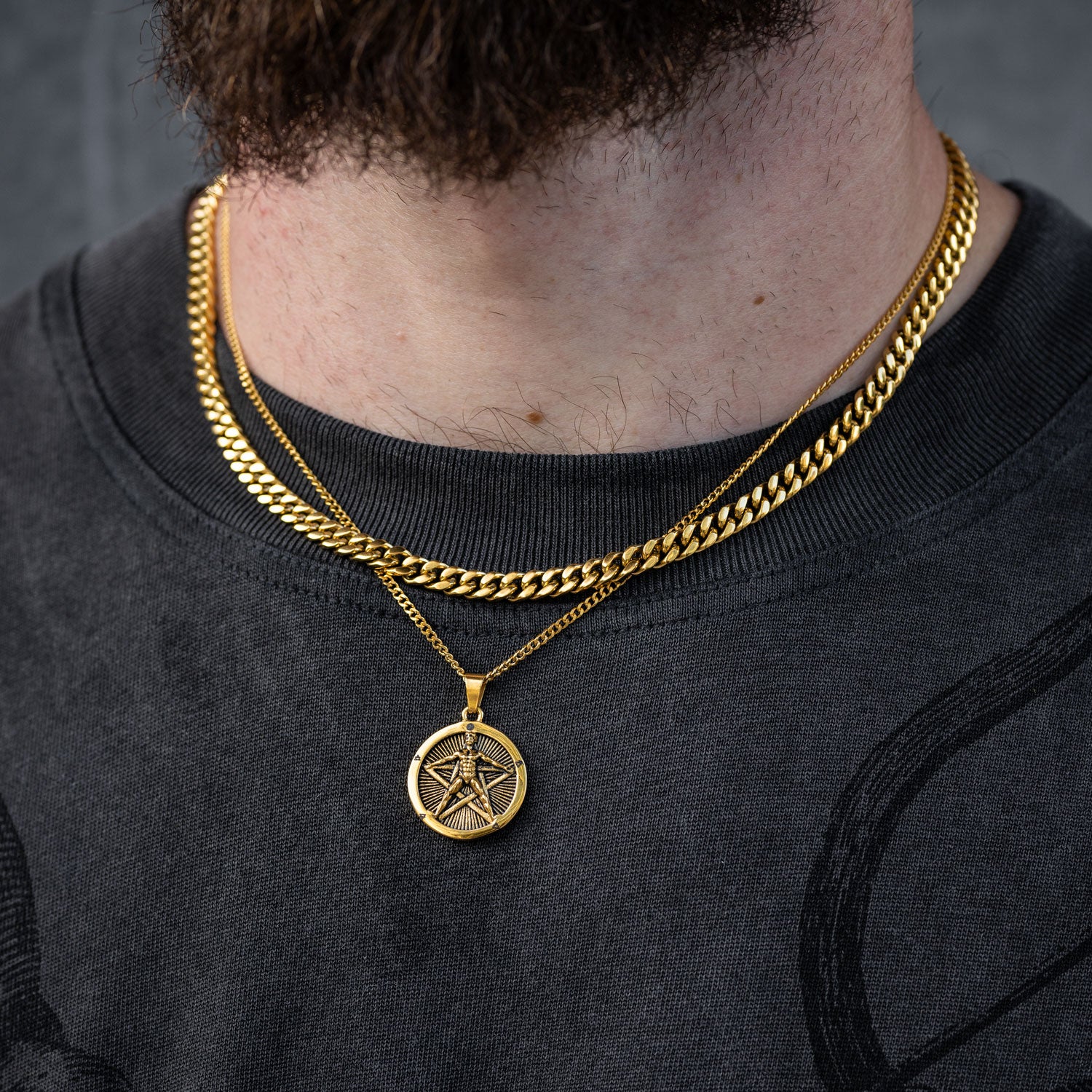 gold cuban necklace set by statement pentagram pendant