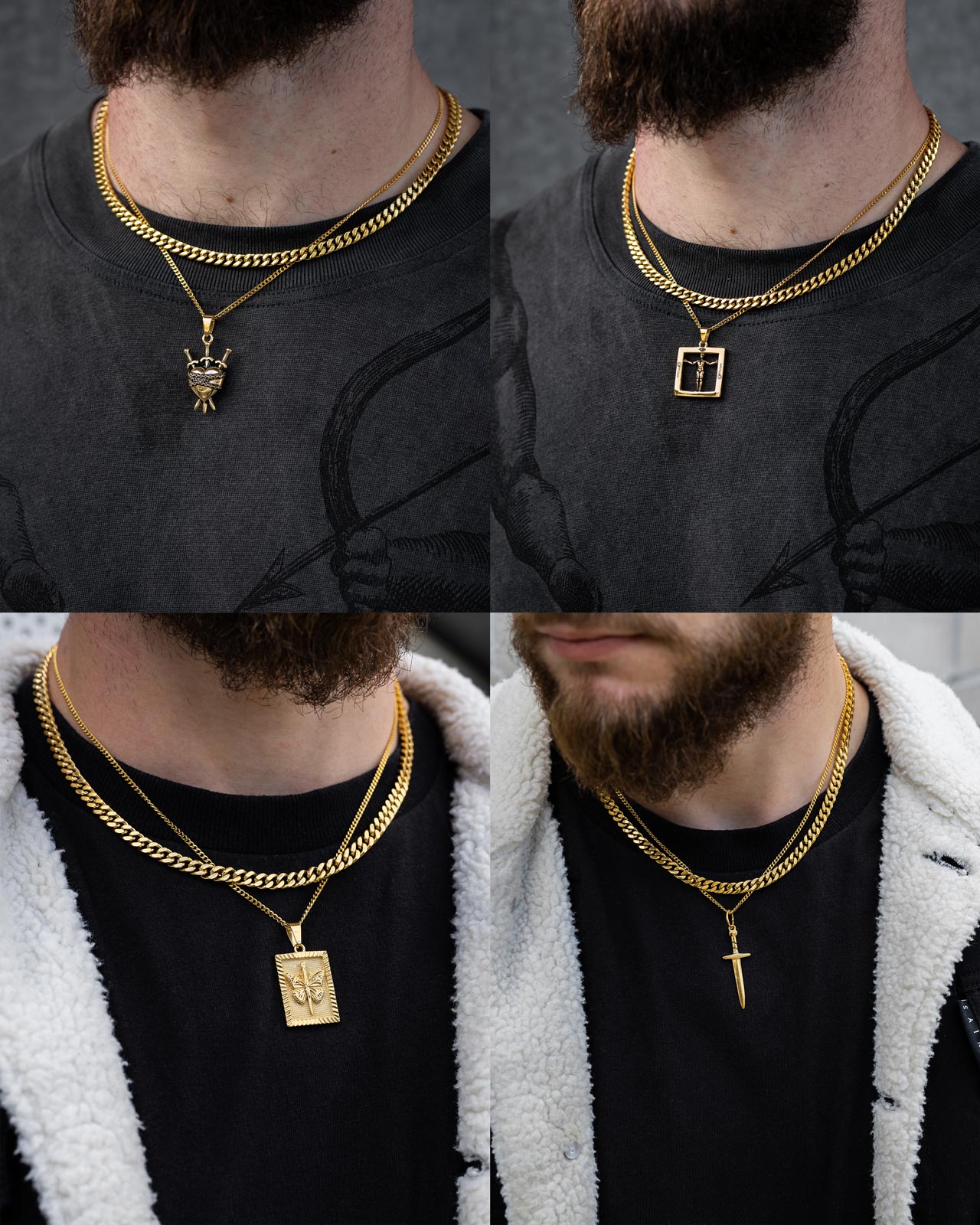A collage of four images shows a man modeling Statement Collective's Cuban Set (Custom Pendant Choice) in 18k gold, featuring Cuban Link Chains with pendants like a beetle, square, rectangular plaque, and vertical cross over dark and light shirts.