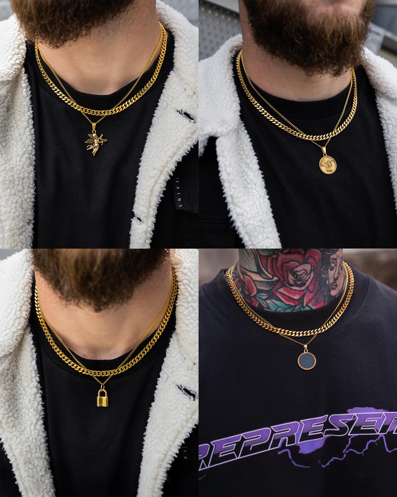Four close-up shots of people wearing Statement Collective’s Cuban Set (Custom Pendant Choice) in gold—featuring a dragon, coin, padlock, and black circle pendant. Each look is styled with black shirts and one standout white jacket.