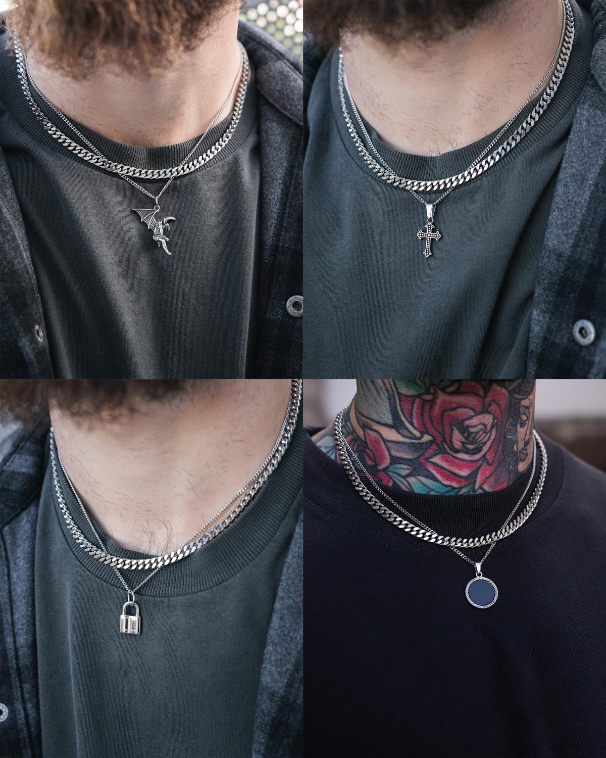 A collage shows a bearded, tattooed person wearing Statement Collective’s Cuban Set (Custom Pendant Choice)—a stainless steel chain with interchangeable angel, cross, padlock, and black disc pendants for versatile style.