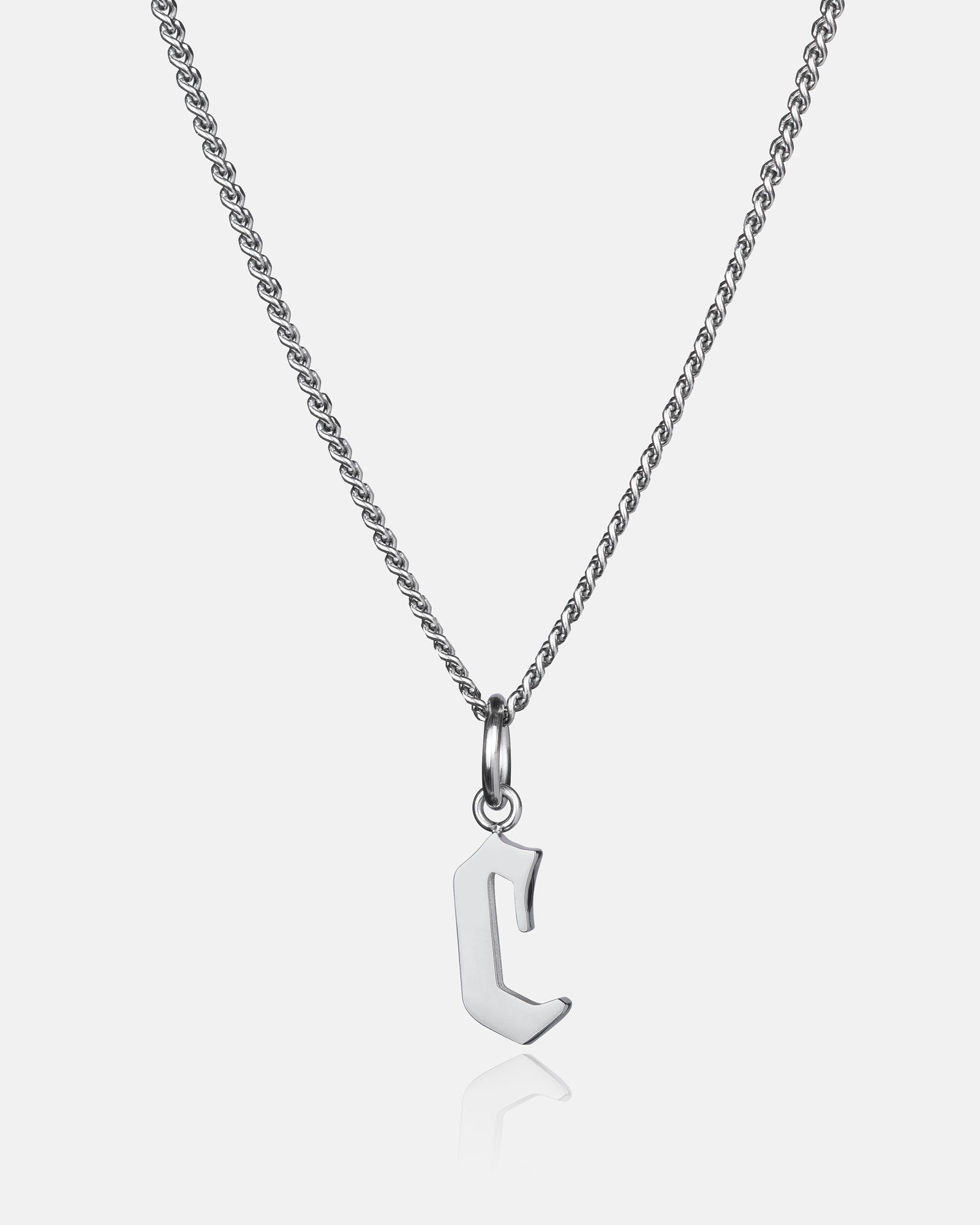 The Custom Initial Letter Pendant is a silver curb chain necklace featuring a modern, angular letter C pendant, shown on a plain white background.