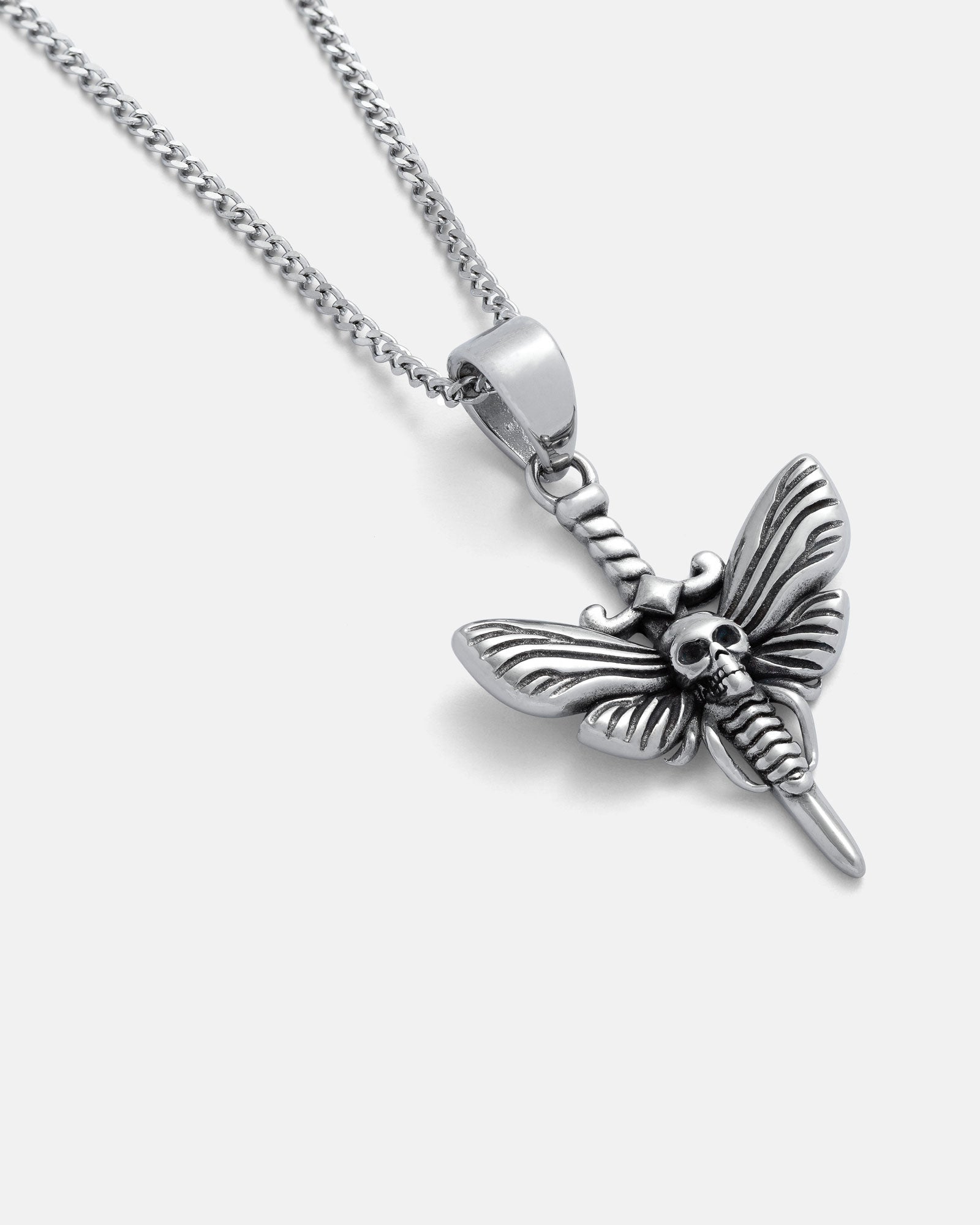 The Death's Head Moth Pendant is a silver necklace featuring a moth with outstretched wings, a central skull, and an ornate sword design—an ideal addition to any Silence of the Lambs jewelry collection.