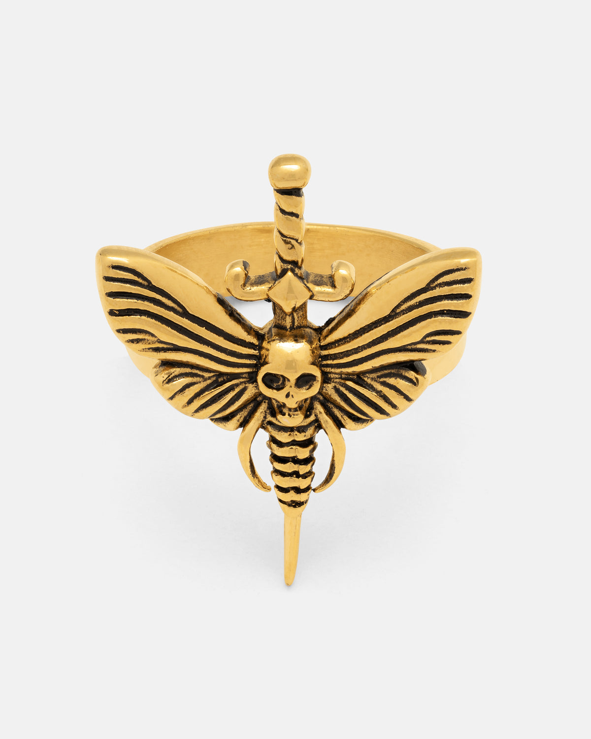 Statement Collective Death’s Head Moth Ring (Gold) featuring a moth with a skull on its thorax, centered over a vertical sword.