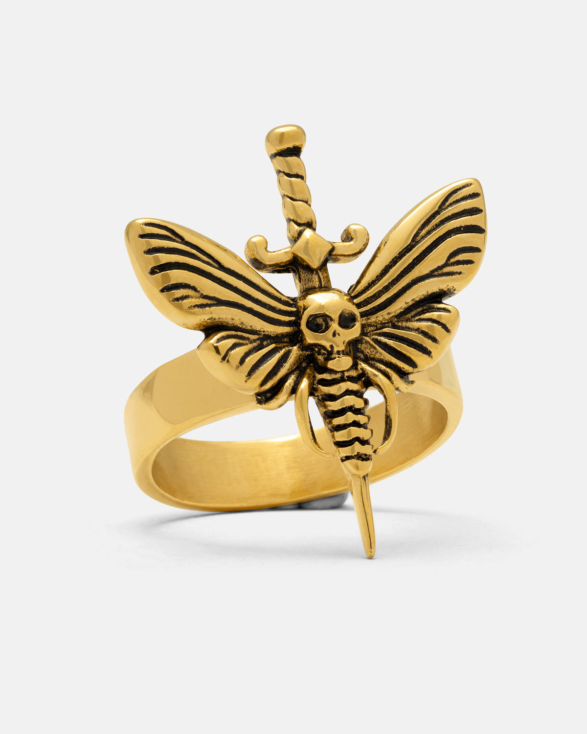 Statement Collective Death’s Head Moth Ring (Gold) in 18k gold, featuring a winged insect with a skull on its thorax, impaled by a vertical sword.