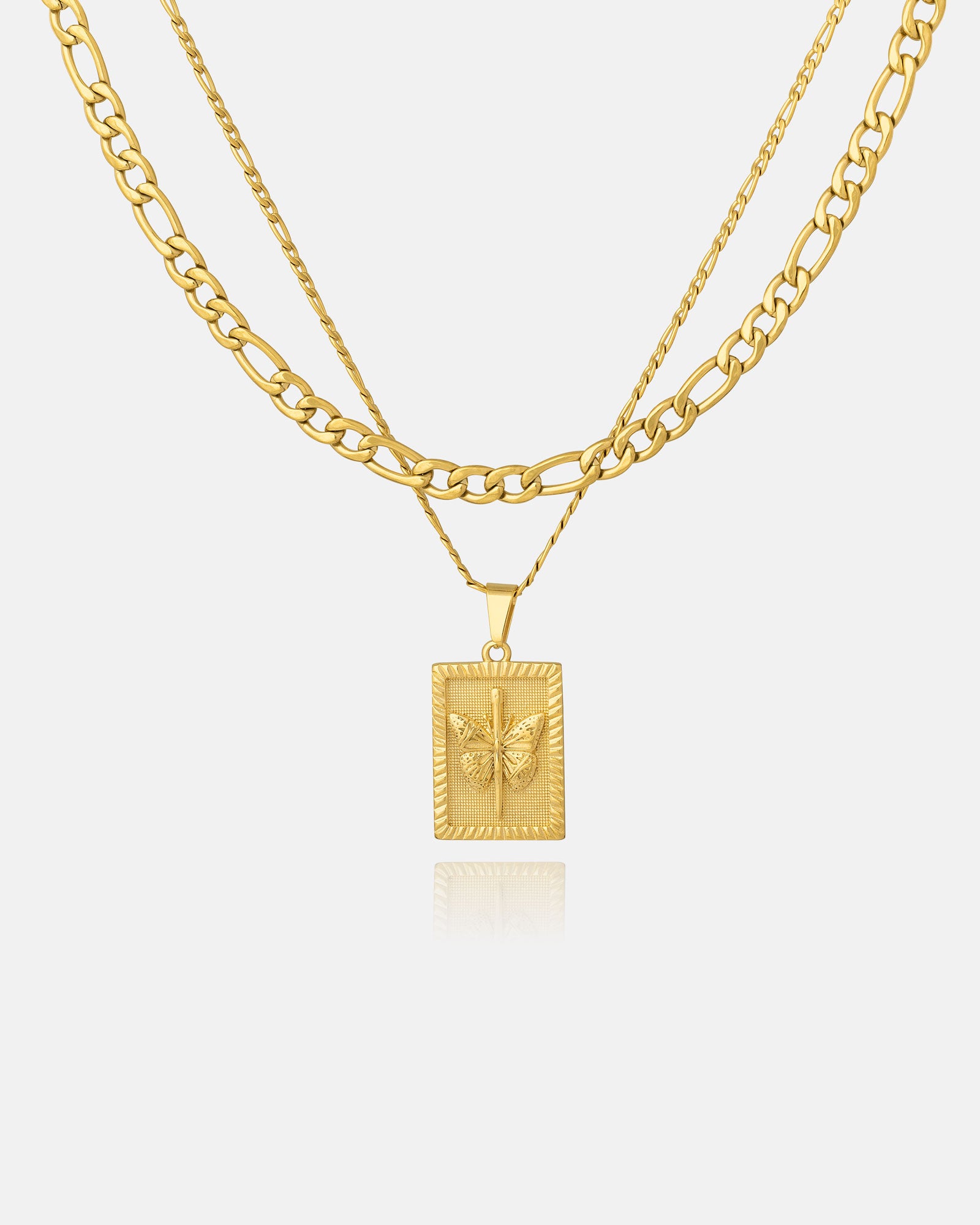 The Figaro Set (Custom Pendant Choice) (Gold) features a thin chain, a medium gold Figaro chain, and an 18k gold pendant necklace with a rectangular bee charm, all displayed on a white background.