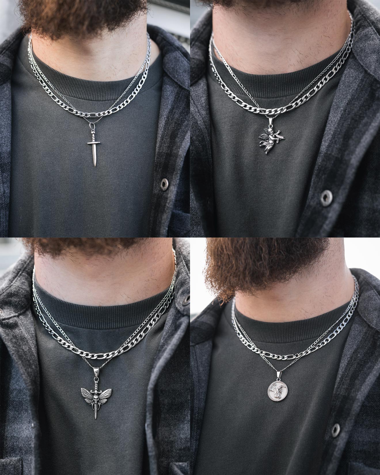 Four close-up shots show a person in a dark shirt and plaid jacket wearing the Statement Collective Figaro Set (Custom Pendant Choice), featuring silver Figaro chains with sword, dragon, dragonfly, and round medallion pendants.