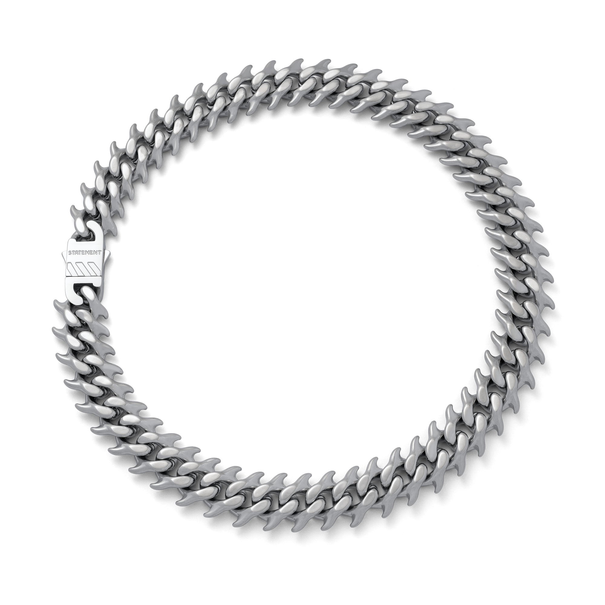 Silver Cuban chain with curved spikes on every link.