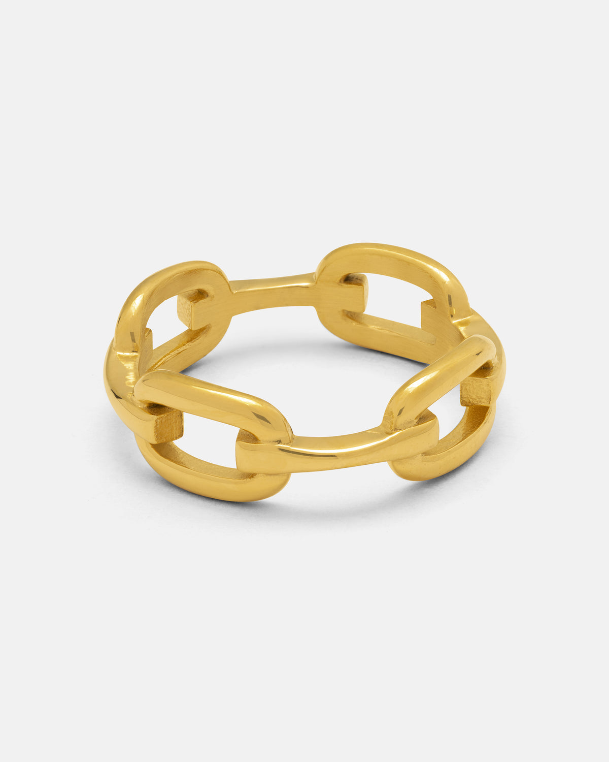 The Chained Ring (Gold) by Statement Collective features interlocking links and is plated in 18K gold for a luxurious shine, shown against a plain white background.