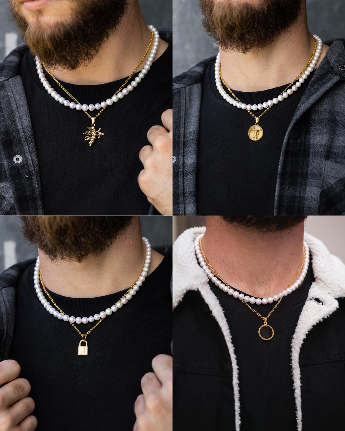 A collage displays men in dark shirts and jackets wearing Statement Collective's Pearl Set (Custom Pendant Choice) (Gold), layering freshwater pearl necklaces and gold chains with unique 18k gold sunburst, coin, padlock, or ring pendants. Some designs are waterproof.