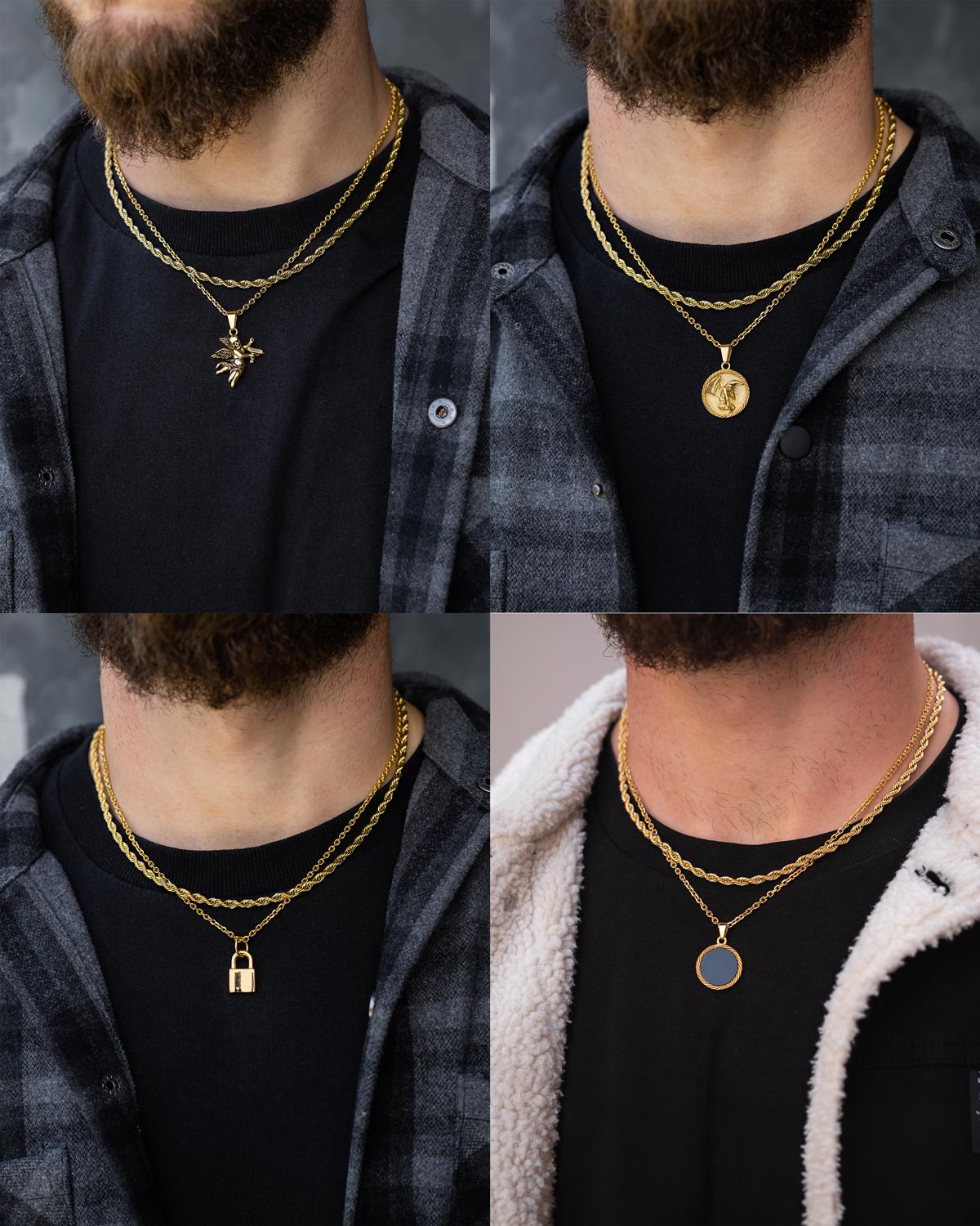 A collage of four close-ups shows a bearded person wearing Statement Collective’s Rope Set (Custom Pendant Choice) in gold, featuring layered chains with star, medallion, padlock, and black disc pendants styled with different shirts and jackets.