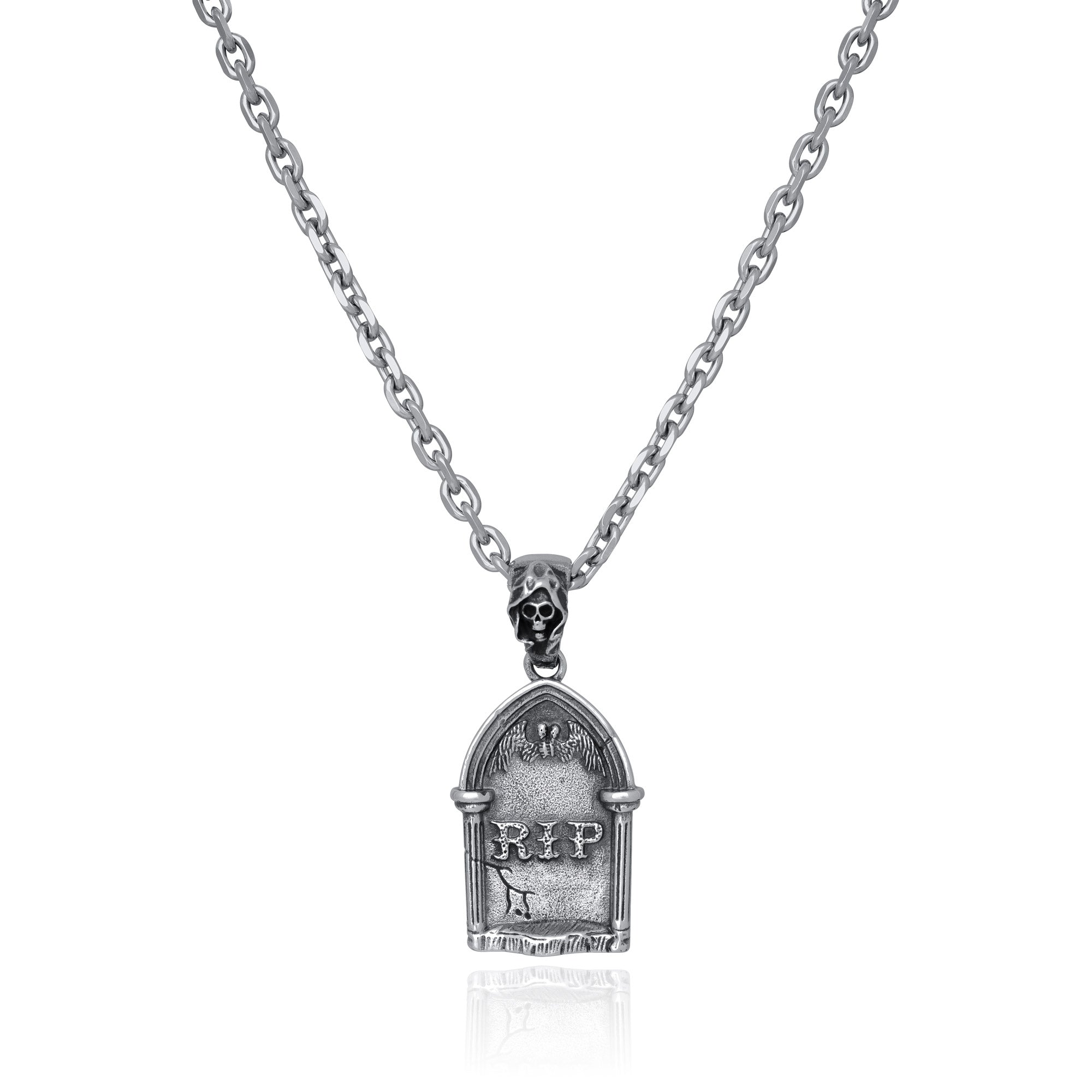 silver Gravestone pendant with Reaper Bale on a cable link chain.