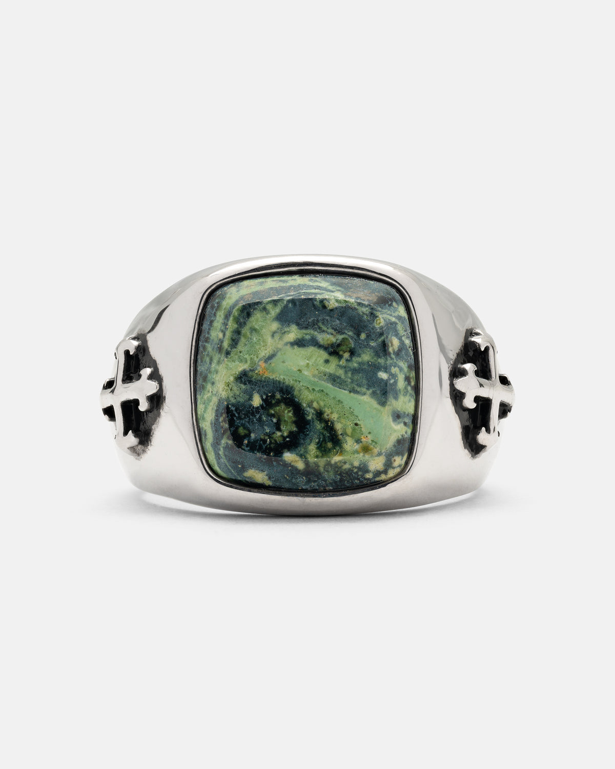 Statement Collective Kambaba Jasper Stone Ring made of 316L stainless steel, featuring a square, marbled green stone and a cross emblem on each side.