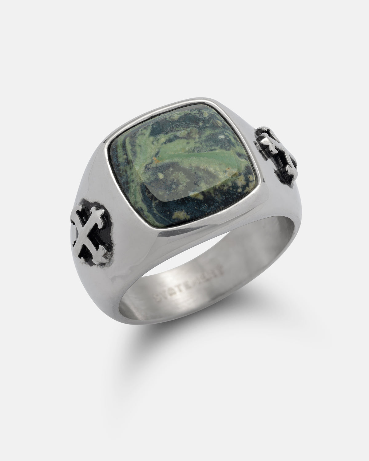 Kambaba Jasper Stone Ring in silver 316L stainless steel, featuring a rectangular stone and cross-shaped cutouts on the sides.