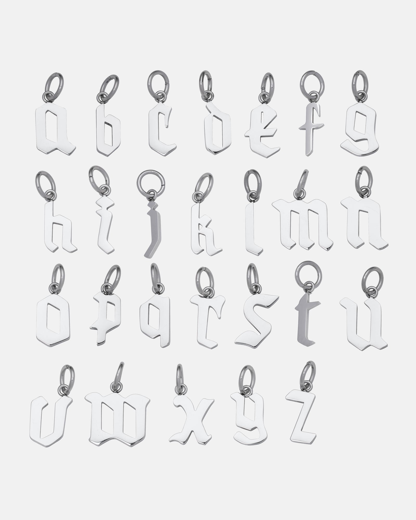 Twenty-six Custom Initial Letter Pendant necklaces, each featuring a gothic-style lowercase letter from a to z, are arranged in four rows and displayed on a plain white background.