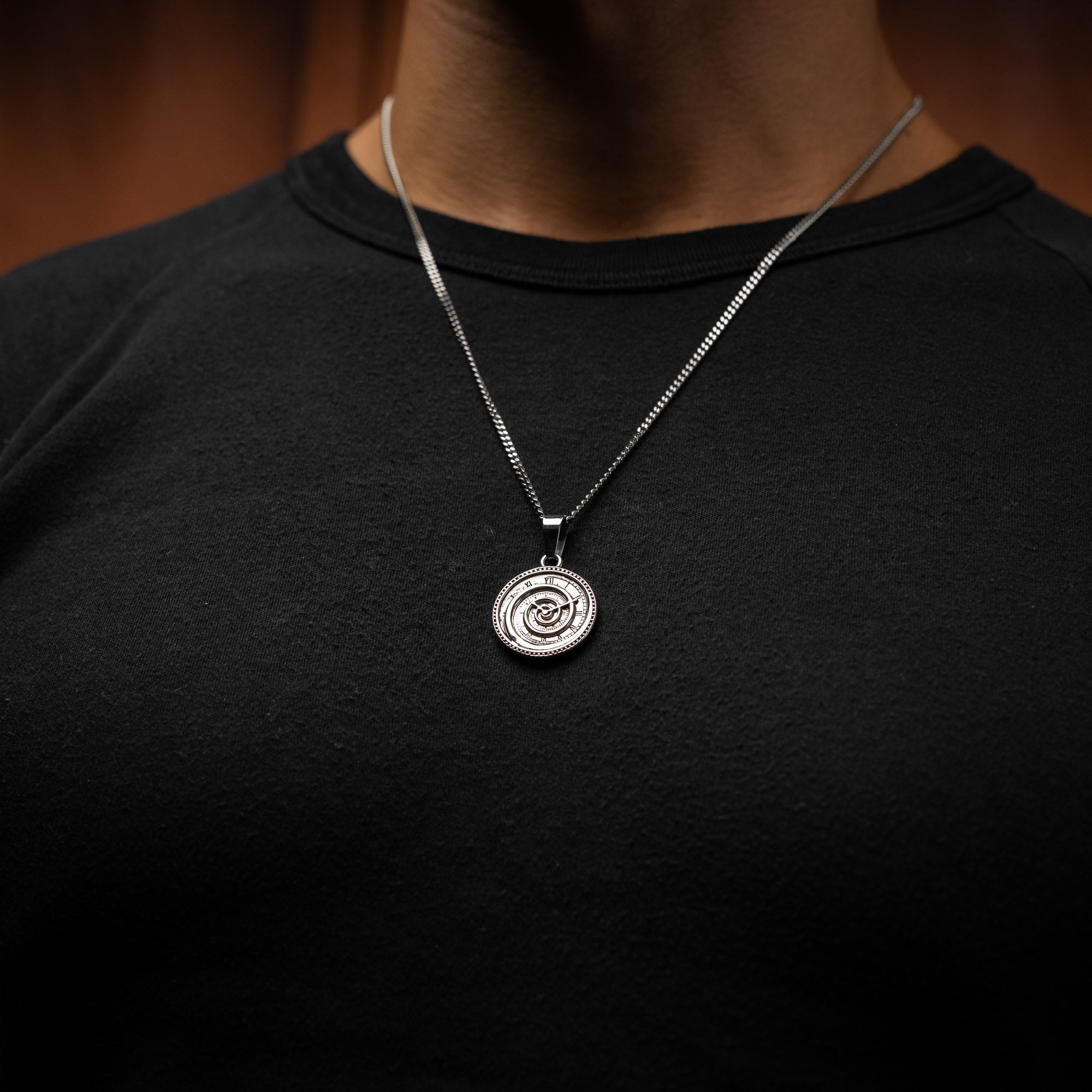 Silver clock medallion pendant necklace by statement collective