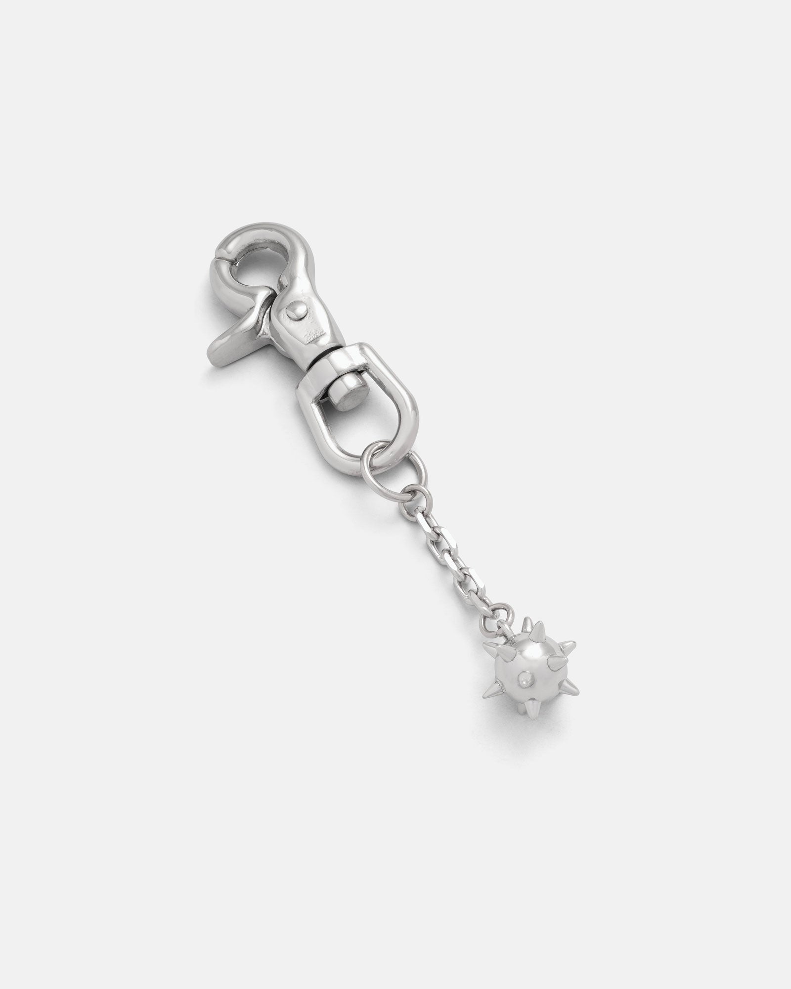 The Morning Star Belt Clip, featuring a small spiked ball charm on a short chain with a silver clasp, is crafted from 316L stainless steel and displayed against a plain white background.