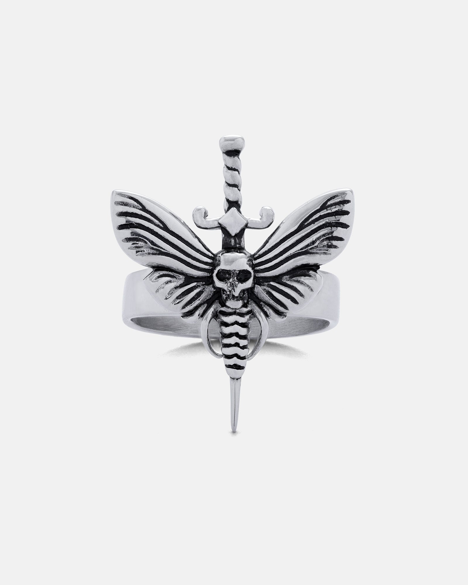 The Death's Head Moth Ring is a stainless steel piece with a detailed design of a sword through a moth with outstretched wings and a skull at the center—perfect for bold, statement style.