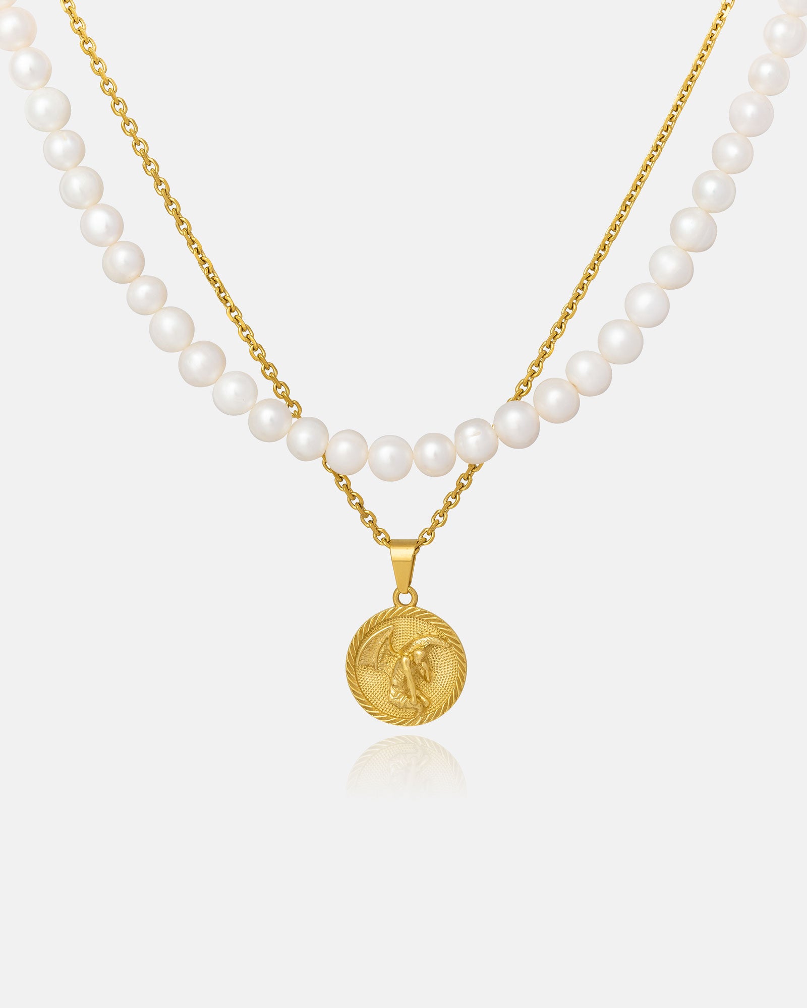 The Pearl Set (Custom Pendant Choice) (Gold) features a double-layer freshwater pearl necklace with white pearls, a gold chain, and an 18k gold custom-engraved non-tarnish pendant, shown on a white background.