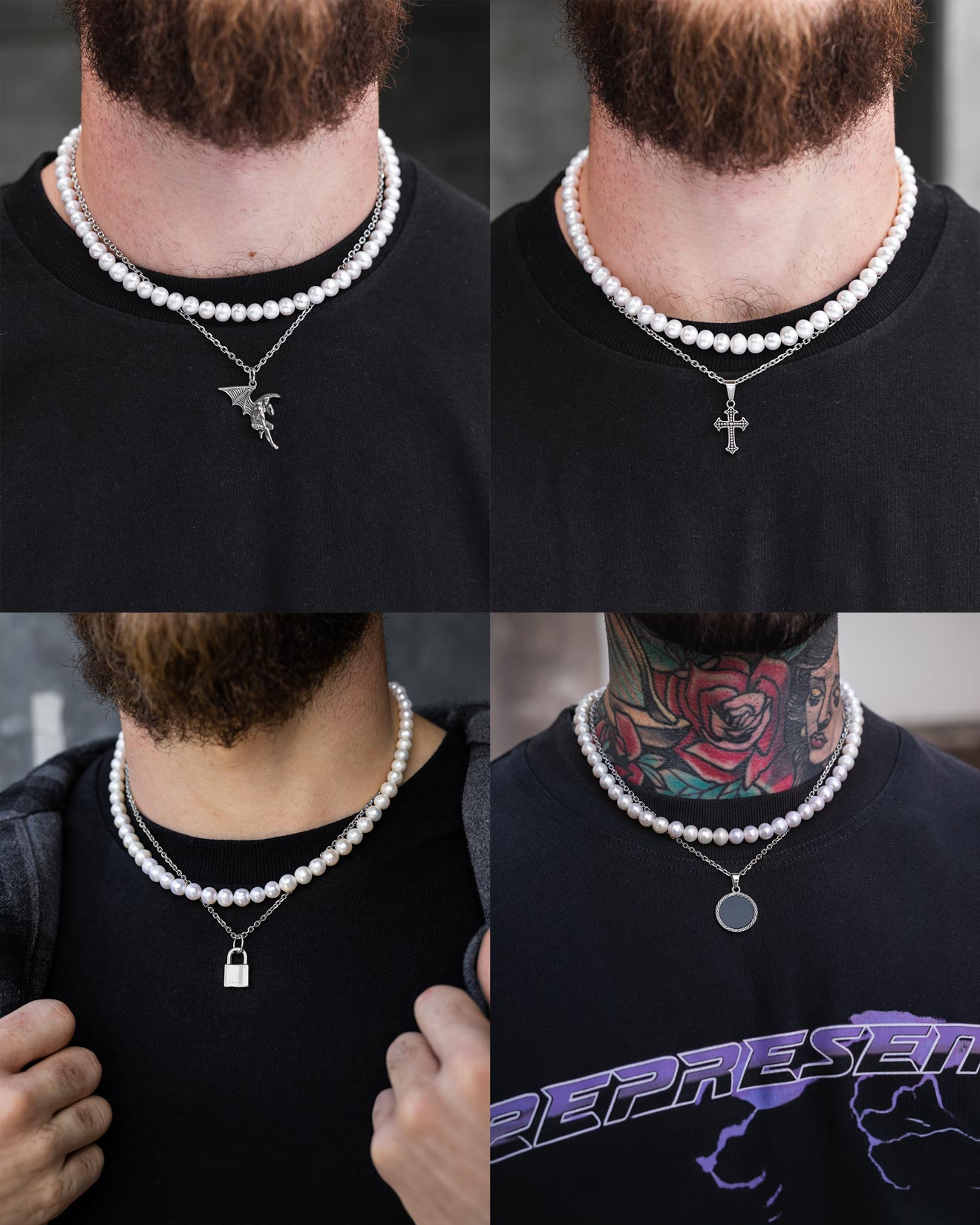 A collage highlights the Statement Collective Pearl Set (Custom Pendant Choice) with freshwater pearls and silver pendants—angel, cross, lock, and ring. Models in black shirts (one reads REPRESENT). Perfect for hypoallergenic jewelry fans.