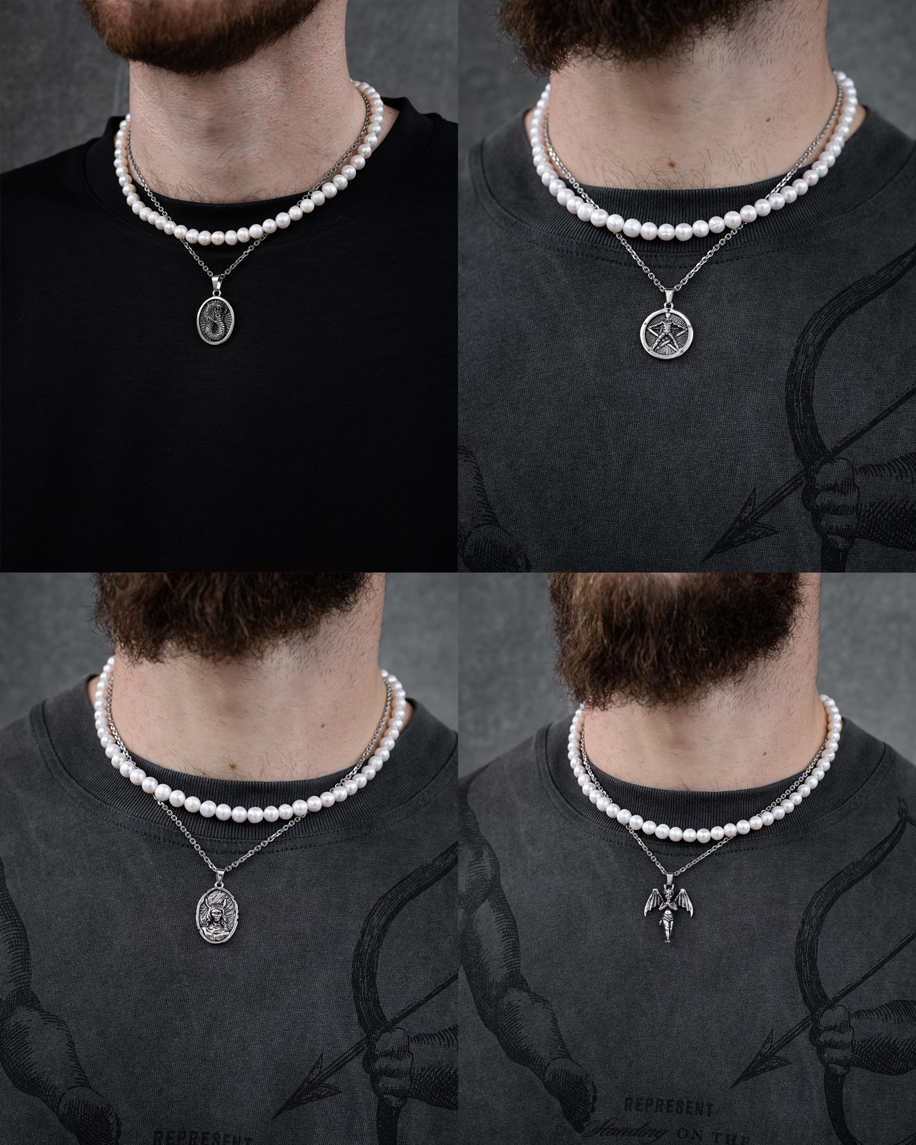 A collage of four close-ups shows a person wearing Statement Collective’s Pearl Set (Custom Pendant Choice)—a hypoallergenic freshwater pearl necklace with unique silver pendants, including a figure, star, and winged creature.