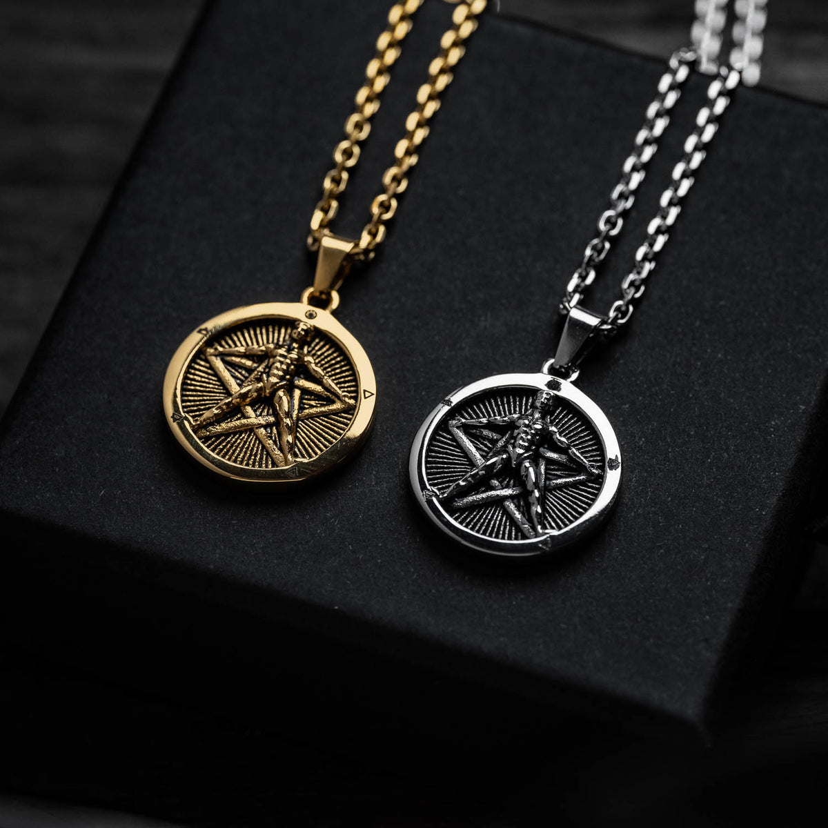 pentagram circle necklace pendant in silver and gold